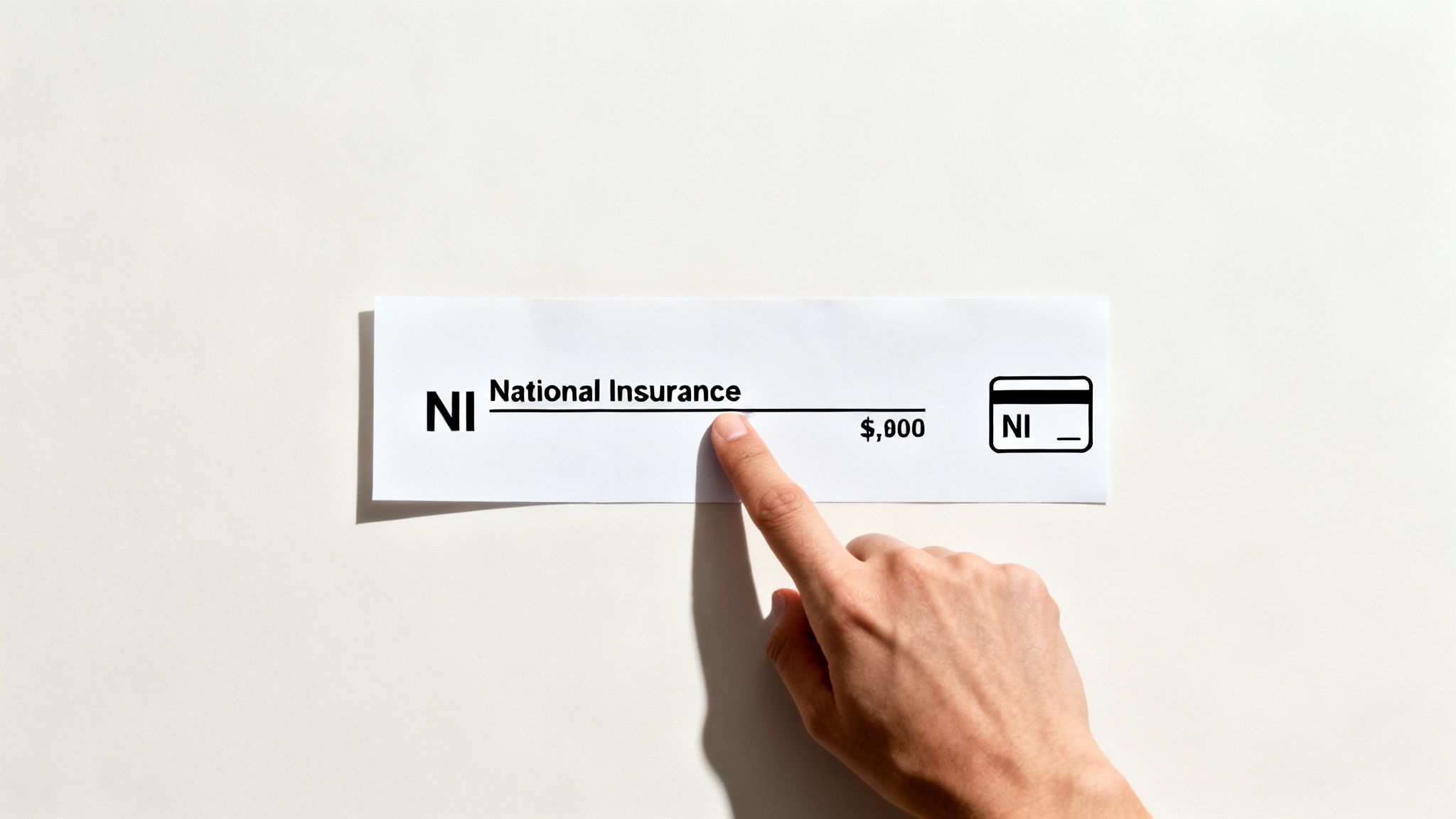 A person's finger points to a white paper document displaying 'National Insurance' and a dollar amount.