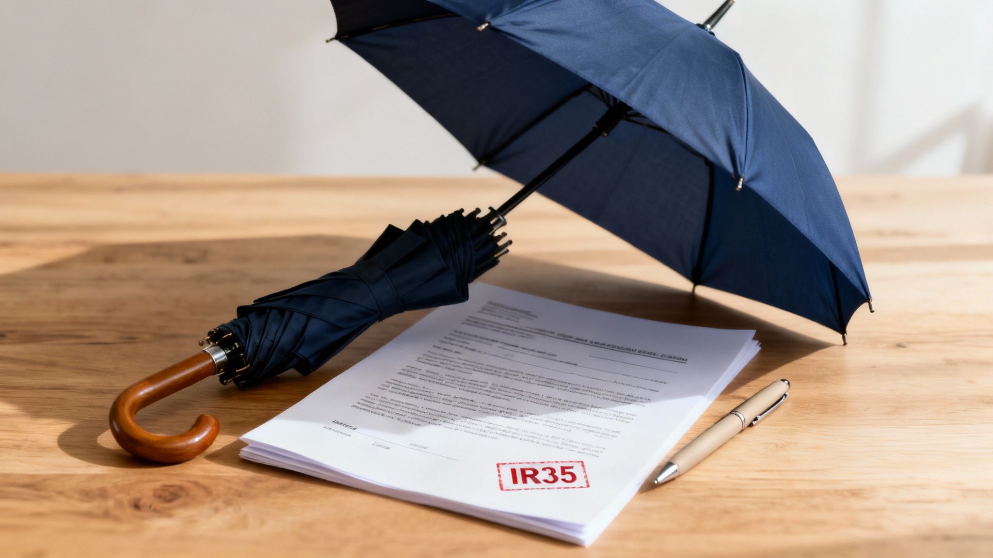 An open and closed blue umbrella, IR35 stamped documents, and a pen on a wooden desk.