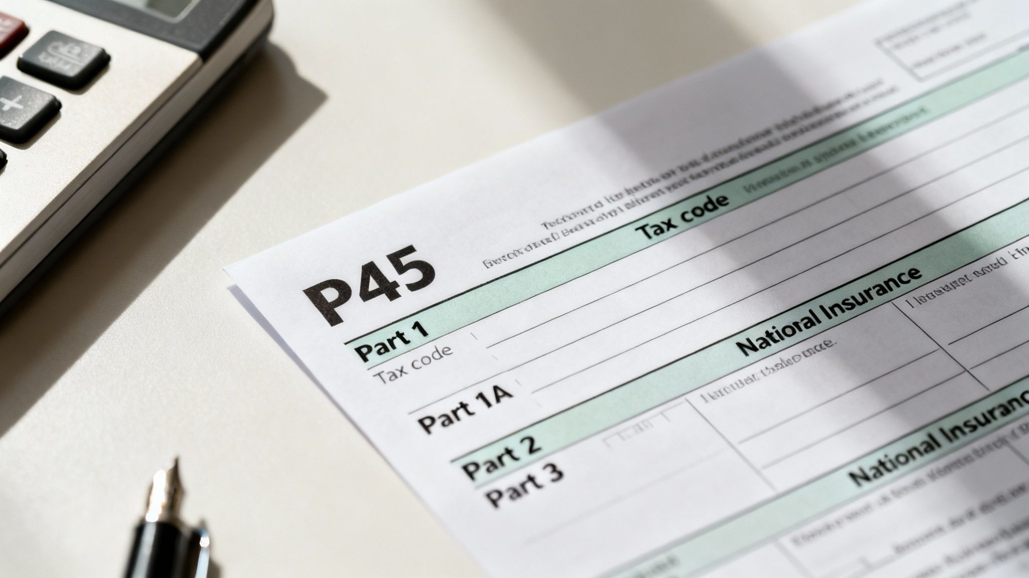 A P45 tax form is visible on a desk next to a calculator and pen.