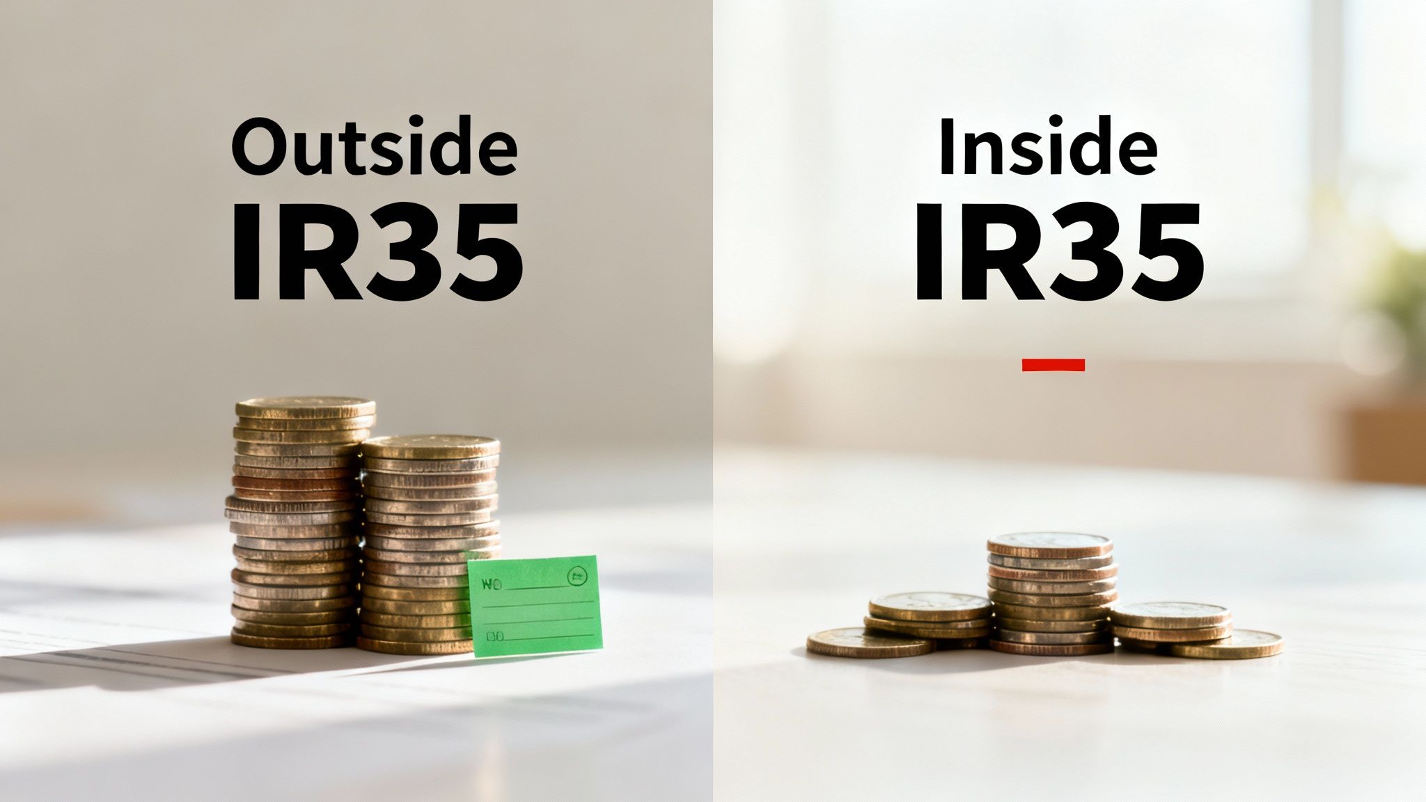 Stacks of coins illustrating more money for Outside IR35 versus less money for Inside IR35.