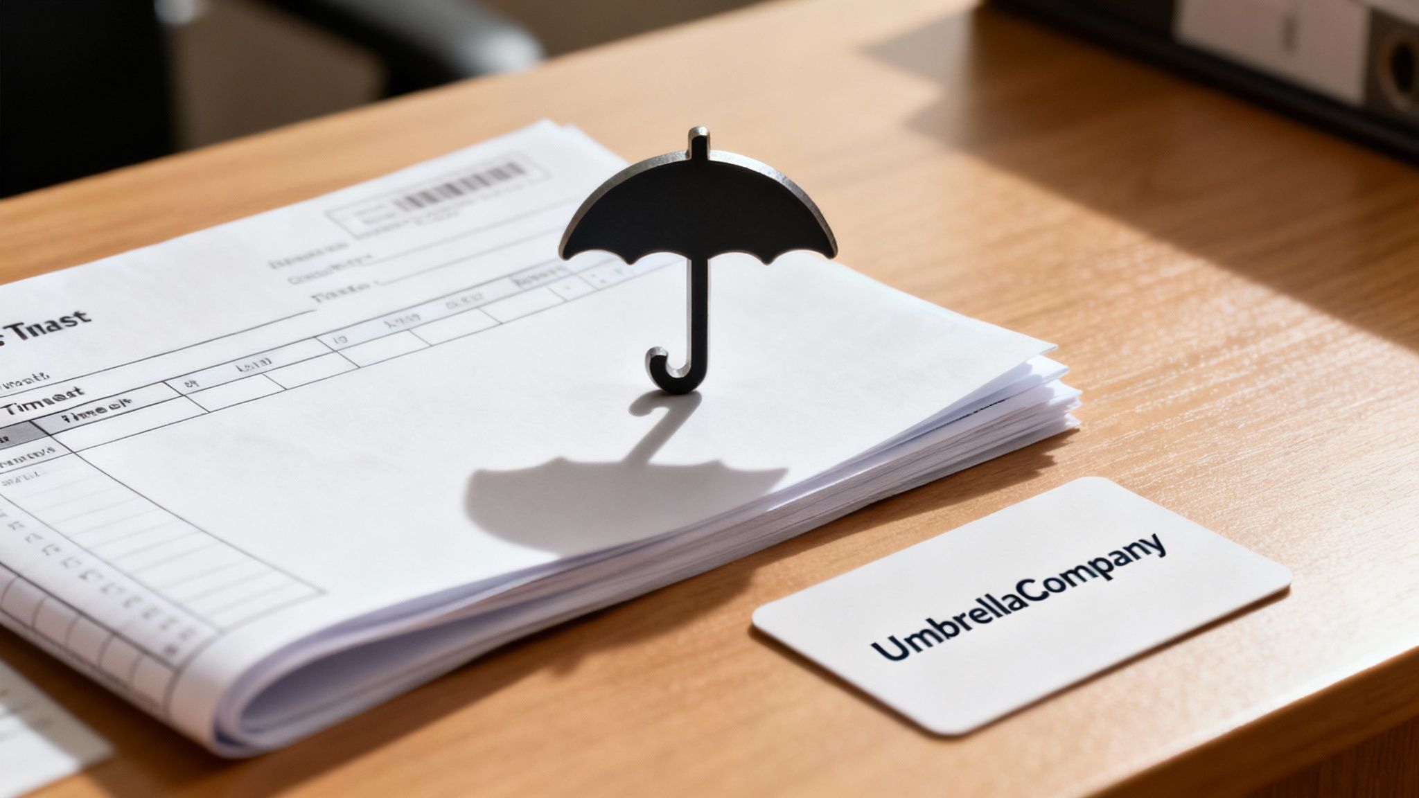 A black umbrella figurine rests on a stack of papers beside an 'UmbrellaCompany' card on a wooden desk.