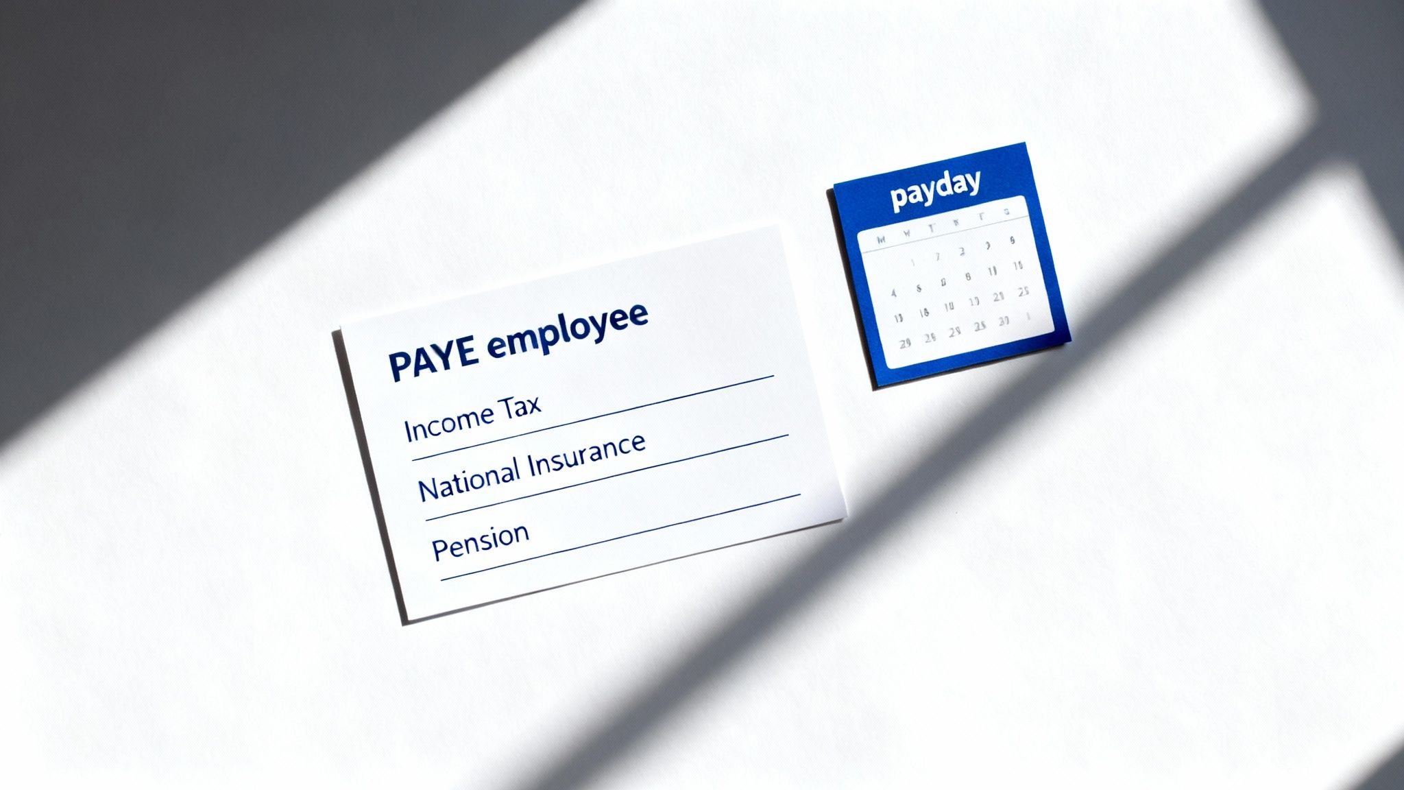 A 'PAYE employee' card listing income tax, national insurance, and pension next to a 'payday' calendar.