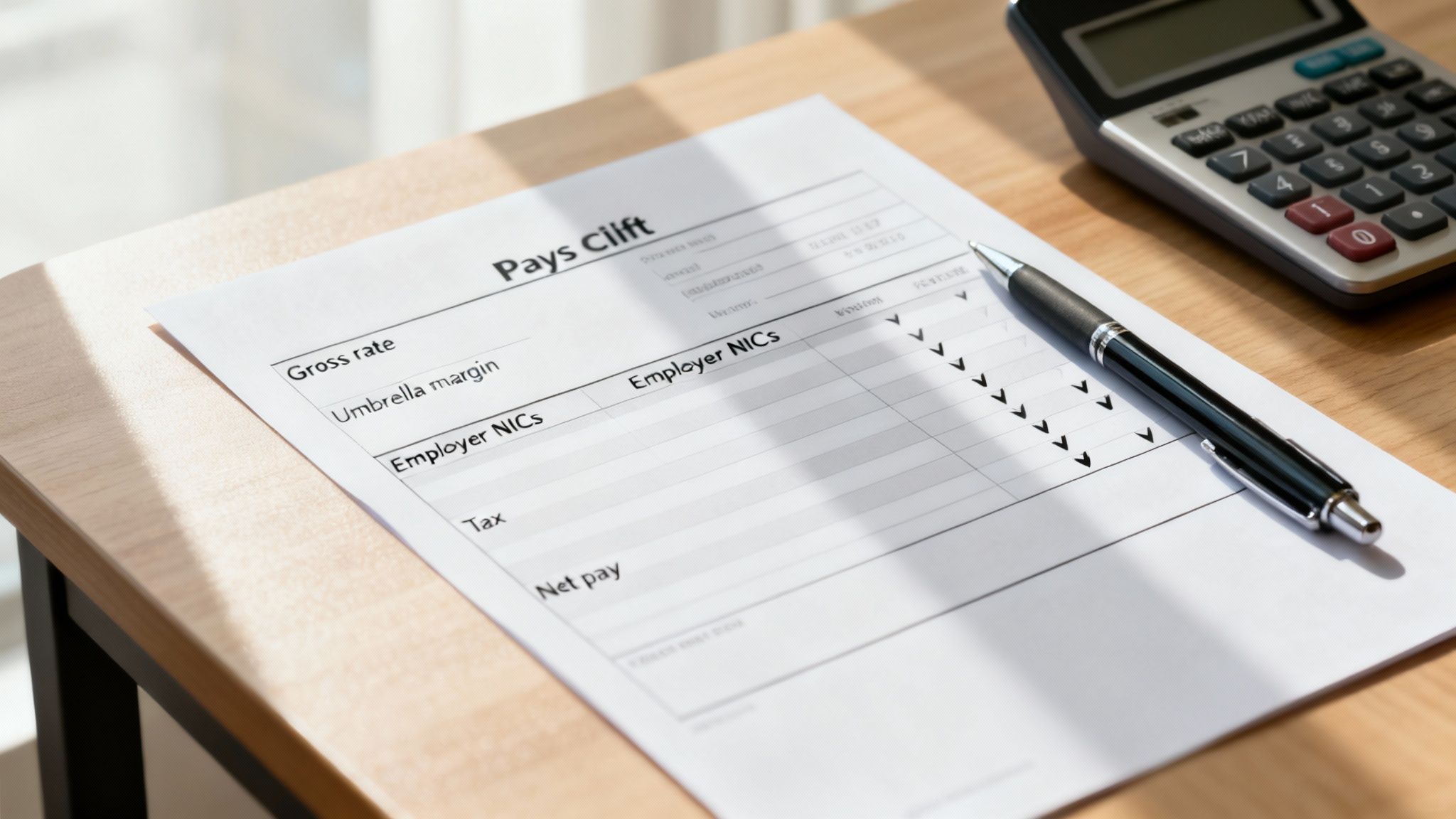 Payslip document showing employer NICs, umbrella margin, tax deductions and net pay calculations
