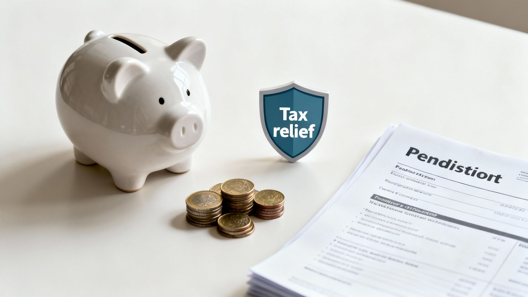 A white piggy bank, stacks of coins, and a 'Tax relief' shield next to financial documents.