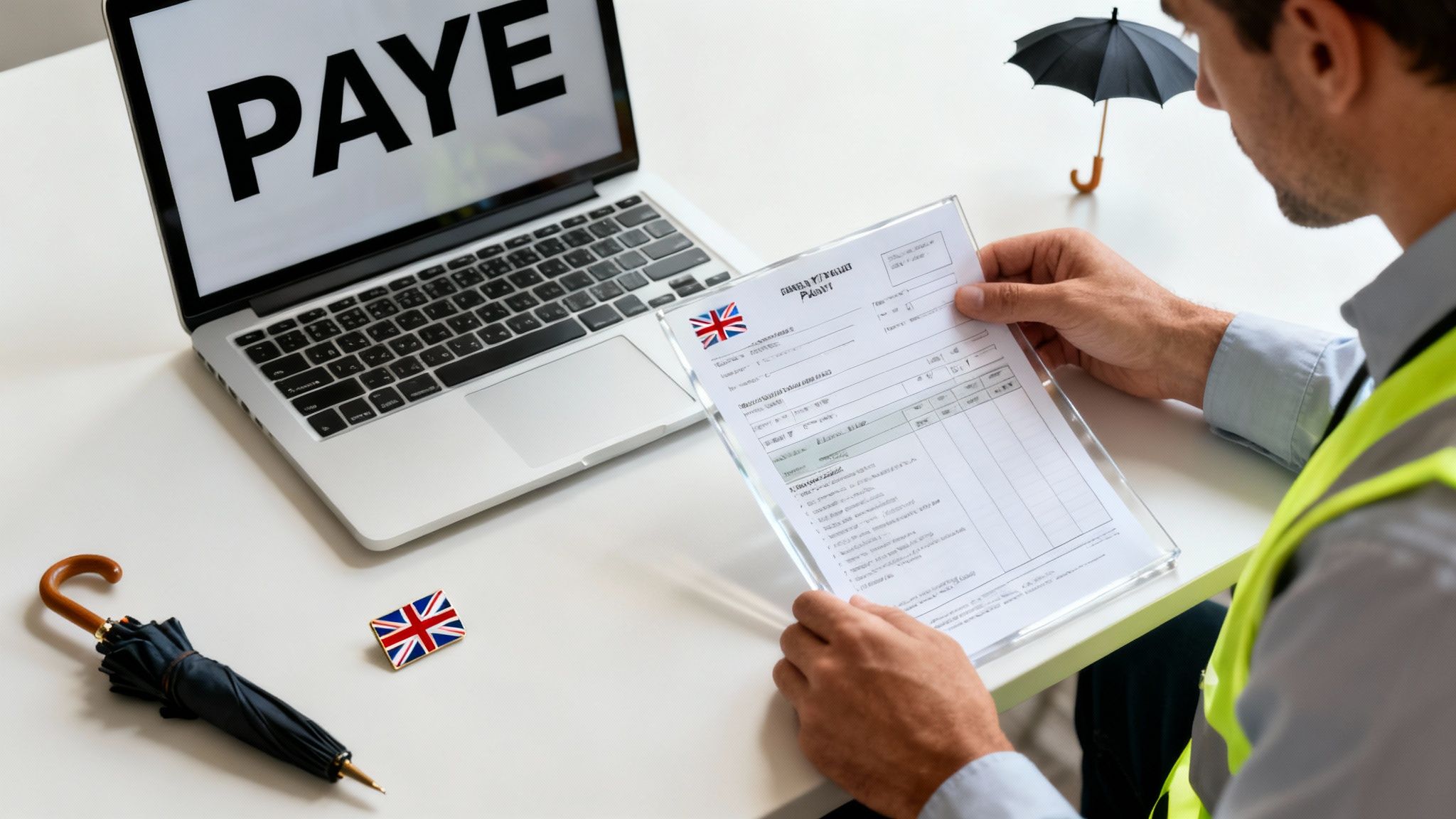 A man reviews a PAYE document with a laptop displaying 'PAYE' and British flags on a white desk.