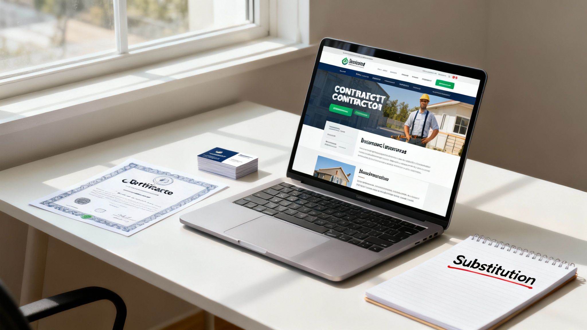 A contractor confidently reviewing plans and documents at a modern desk, showcasing professionalism and independence.