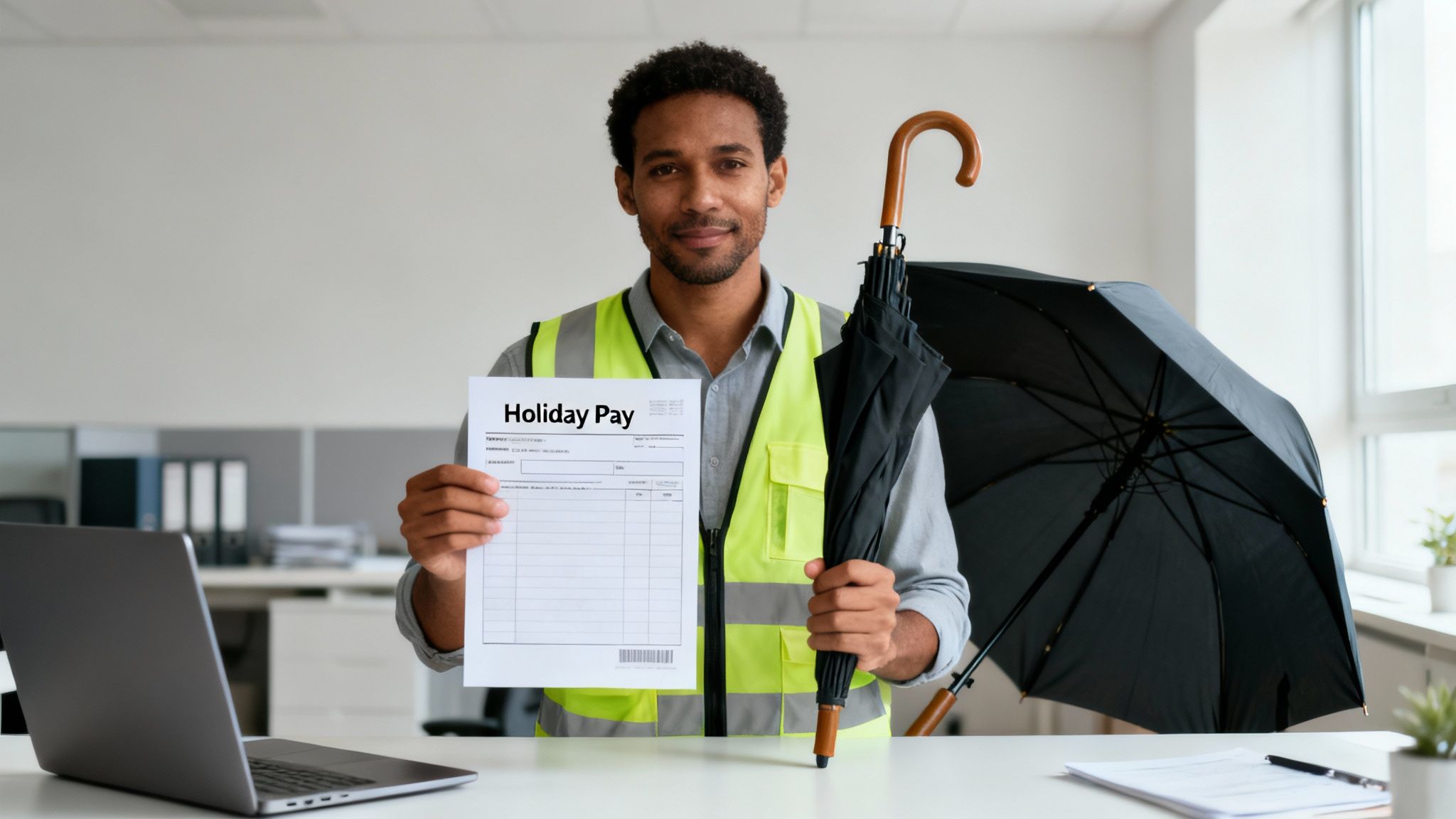 A smiling worker in a hi-vis vest holds a 'Holiday Pay' document and a folded umbrella.