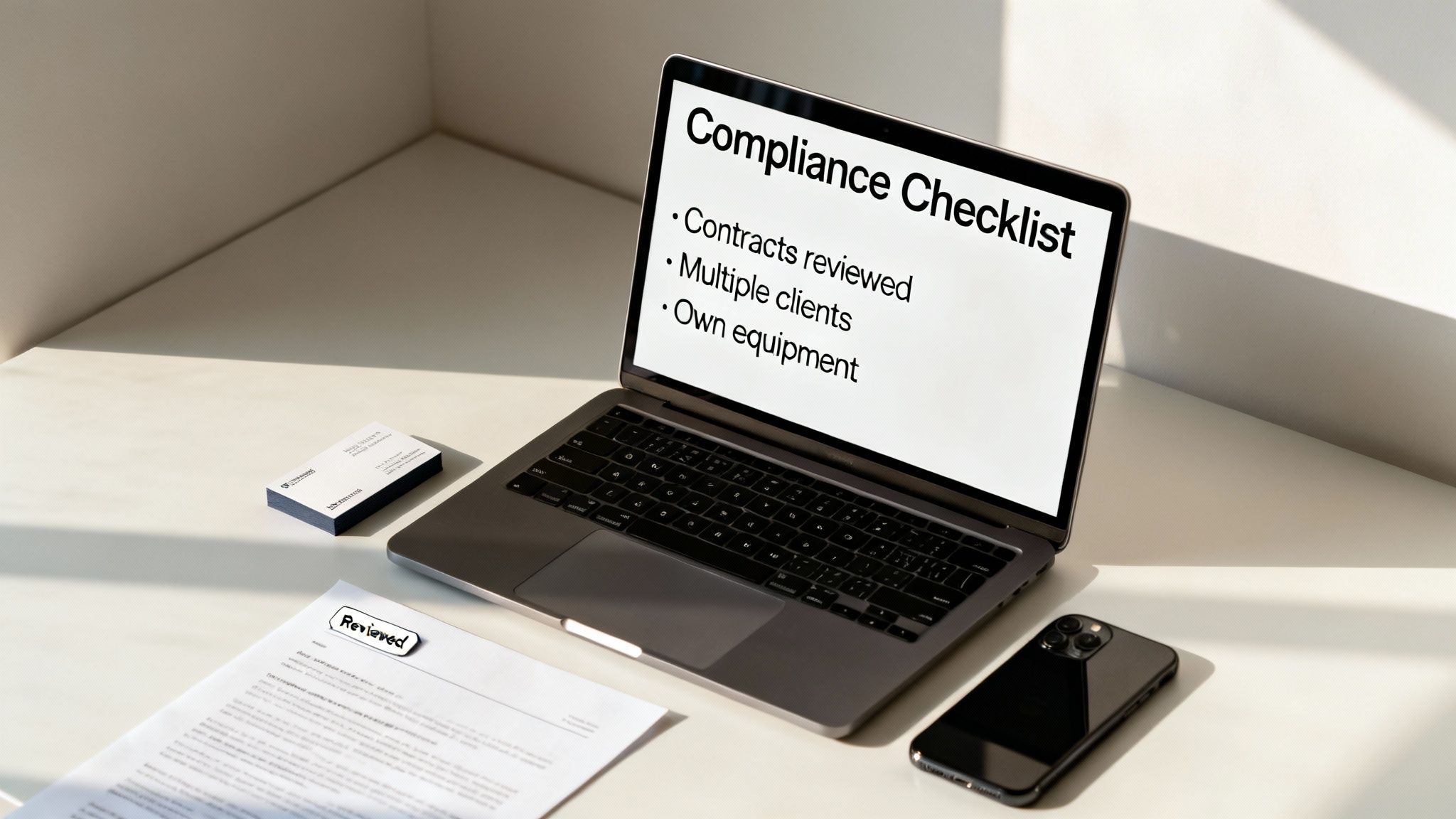 Laptop displaying a 'Compliance Checklist' with items like contracts, clients, and equipment, on a clean desk.