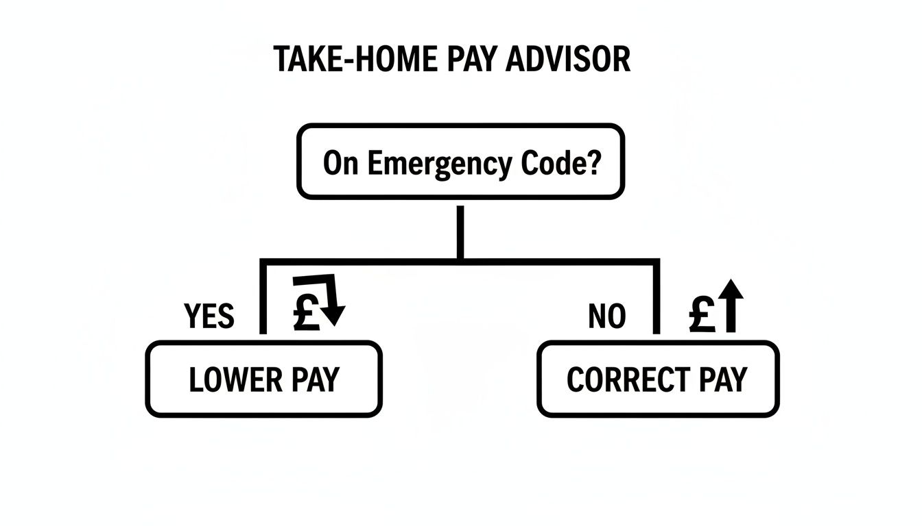 Flowchart titled 'Take-Home Pay Advisor'. On emergency code? Yes, lower pay. No, correct pay.