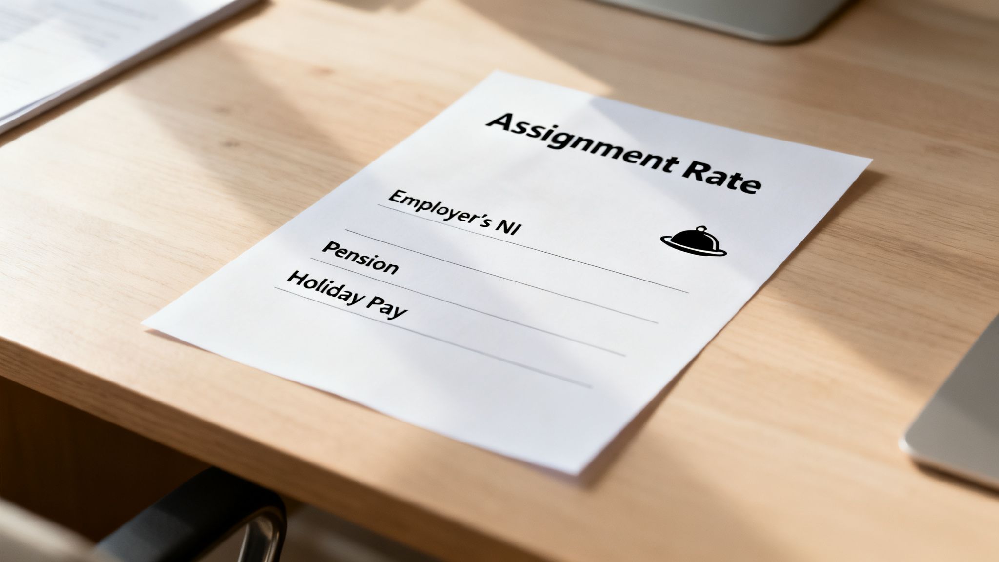 A document titled 'Assignment Rate' on a wooden desk, listing employer's National Insurance, Pension, and Holiday Pay.