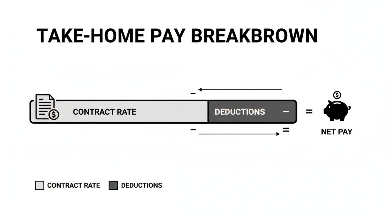 Infographic illustrating take-home pay breakdown: contract rate minus deductions equals net pay.