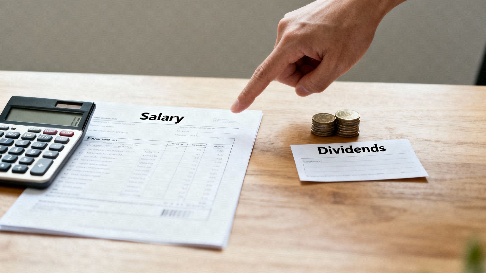 A hand points to a 'Salary' document, with 'Dividends' card, coins, and a calculator on a table.