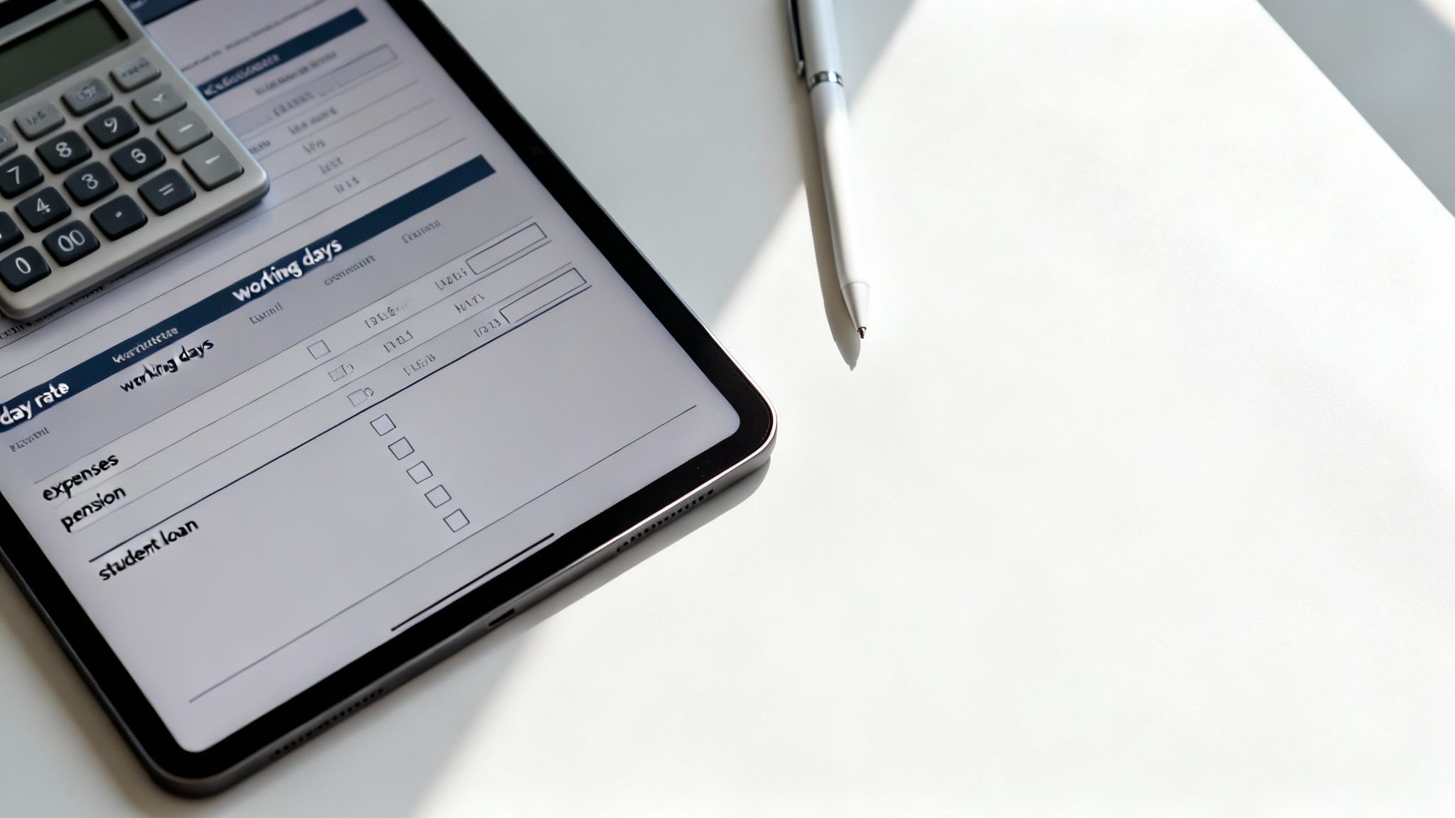 Digital tablet displaying a financial spreadsheet with a calculator and stylus pen on a white desk.