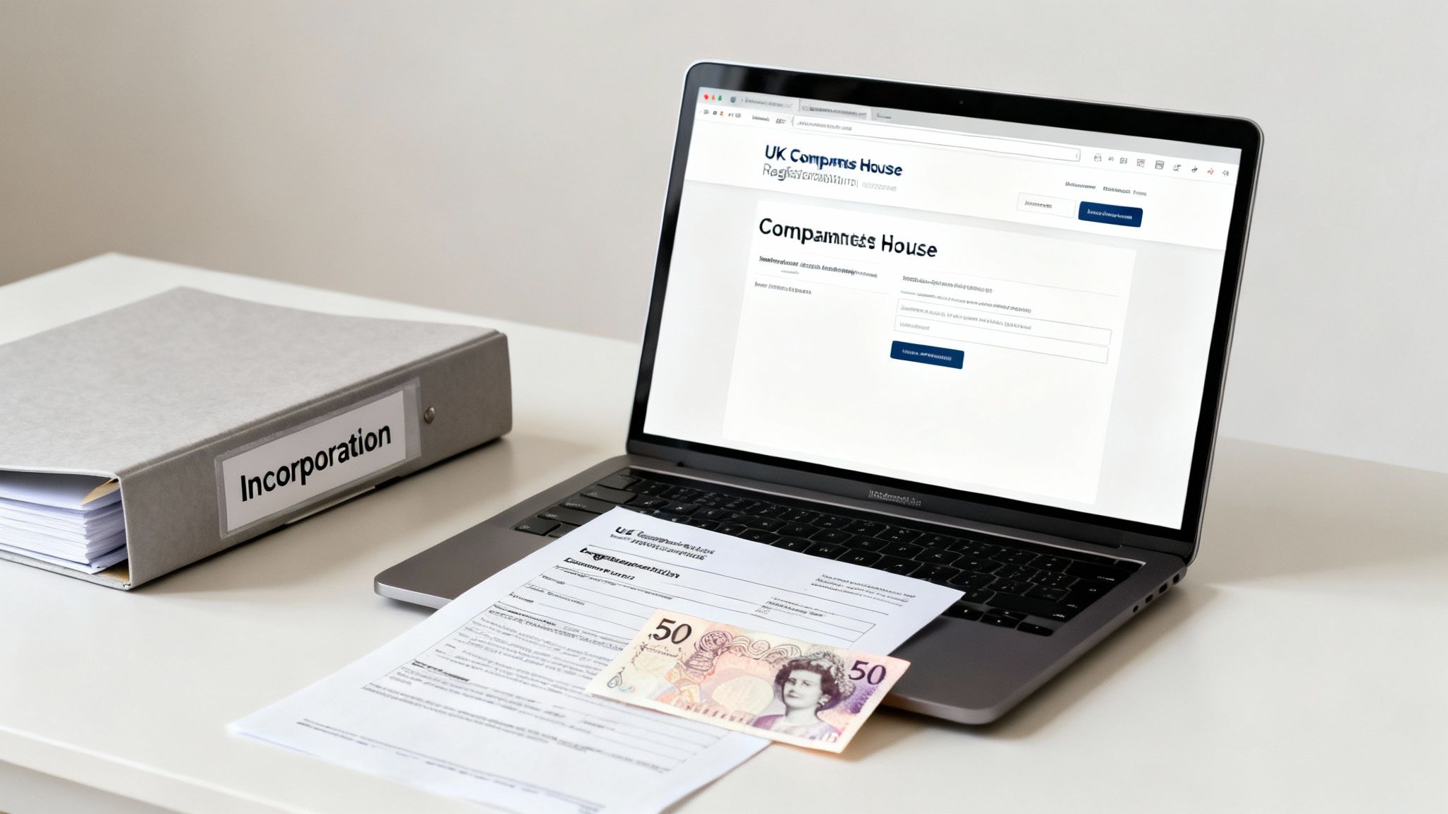A laptop displays the UK Companies House website, alongside a binder labeled 'Incorporation,' documents, and a fifty-pound note, symbolizing business setup costs.