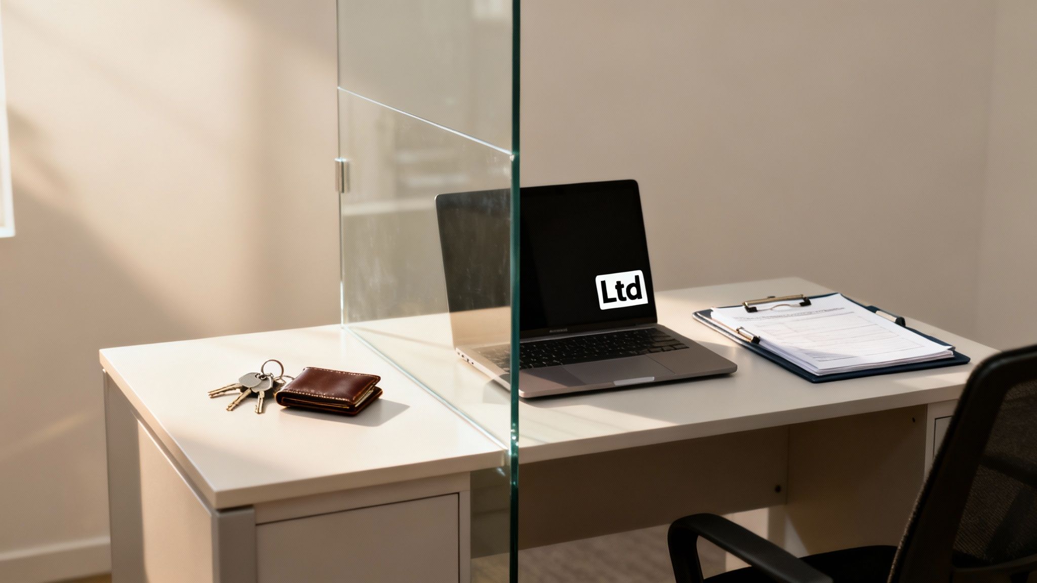 A modern office desk with a laptop showing 'Ltd', a clipboard, keys, and a wallet.