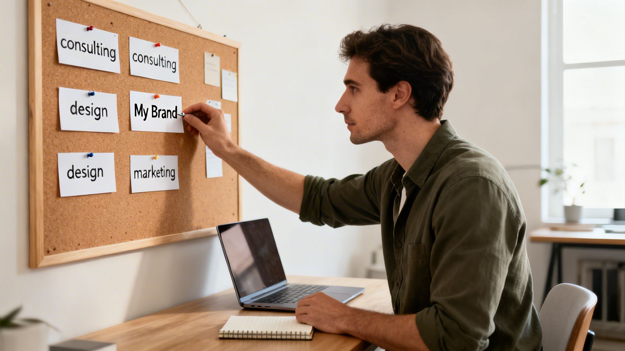 A man pinning 'My Brand' on a cork board with notes like consulting, design, and marketing.