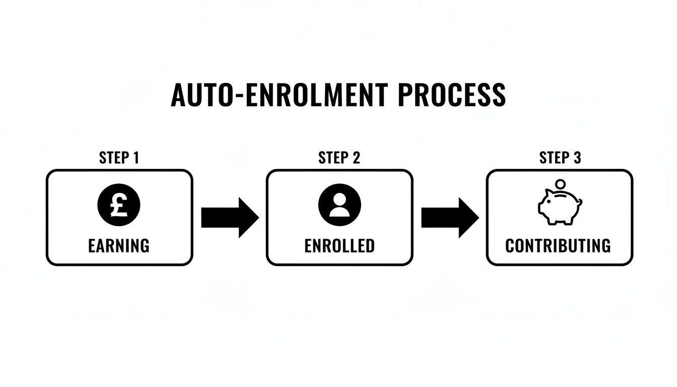 Diagram illustrating the auto-enrolment process in three steps: Earning, Enrolled, Contributing.
