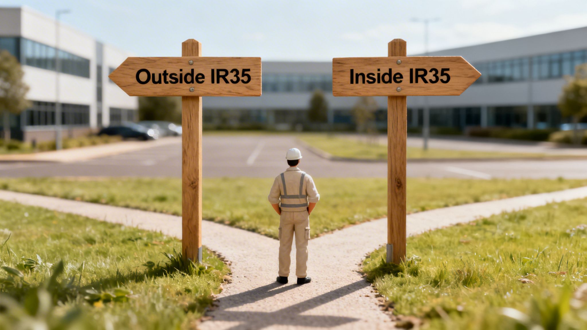 A small figure of a worker stands at a crossroads with two signposts: 'Outside IR35' and 'Inside IR35'.