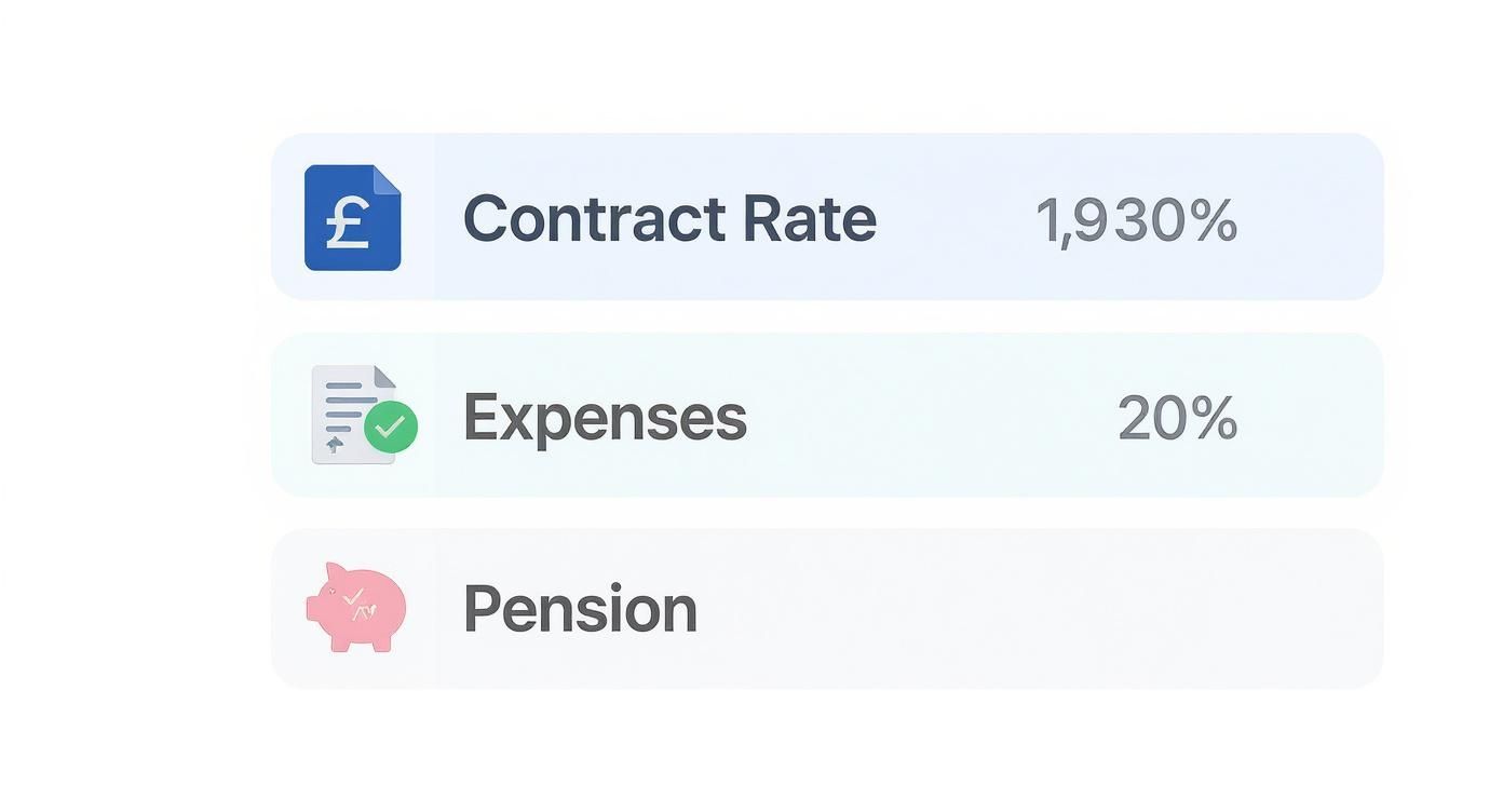 A financial breakdown showing contract rate, expenses at 20%, and pension details.