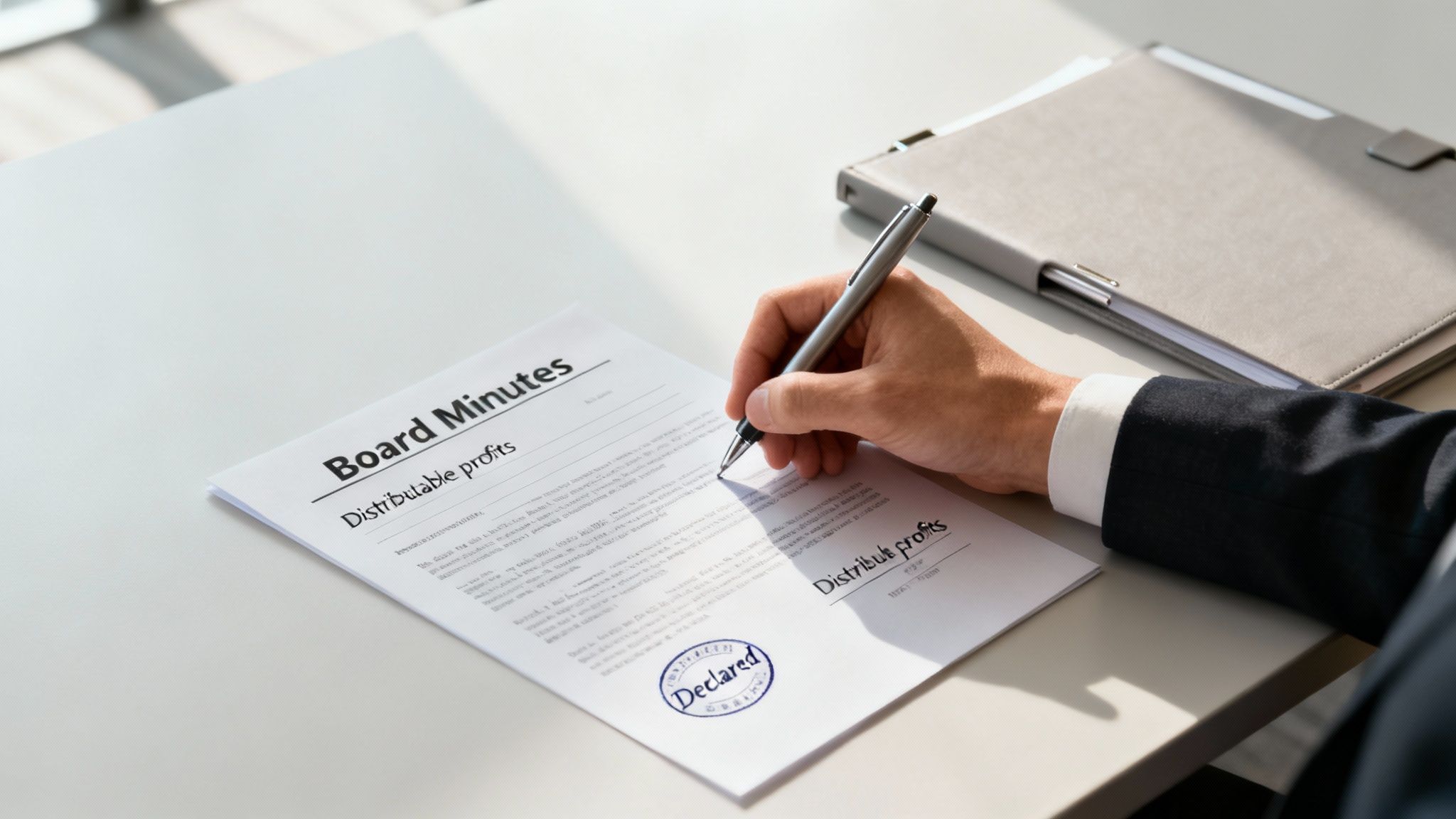 A professional holding a meeting to review legal documents related to dividend payments.