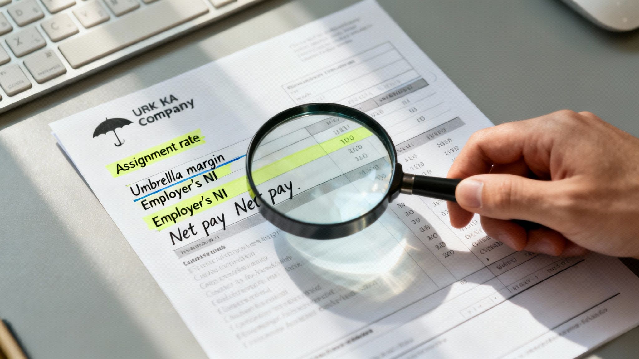 A close-up of a payslip with a calculator and pen, indicating careful review of the numbers.