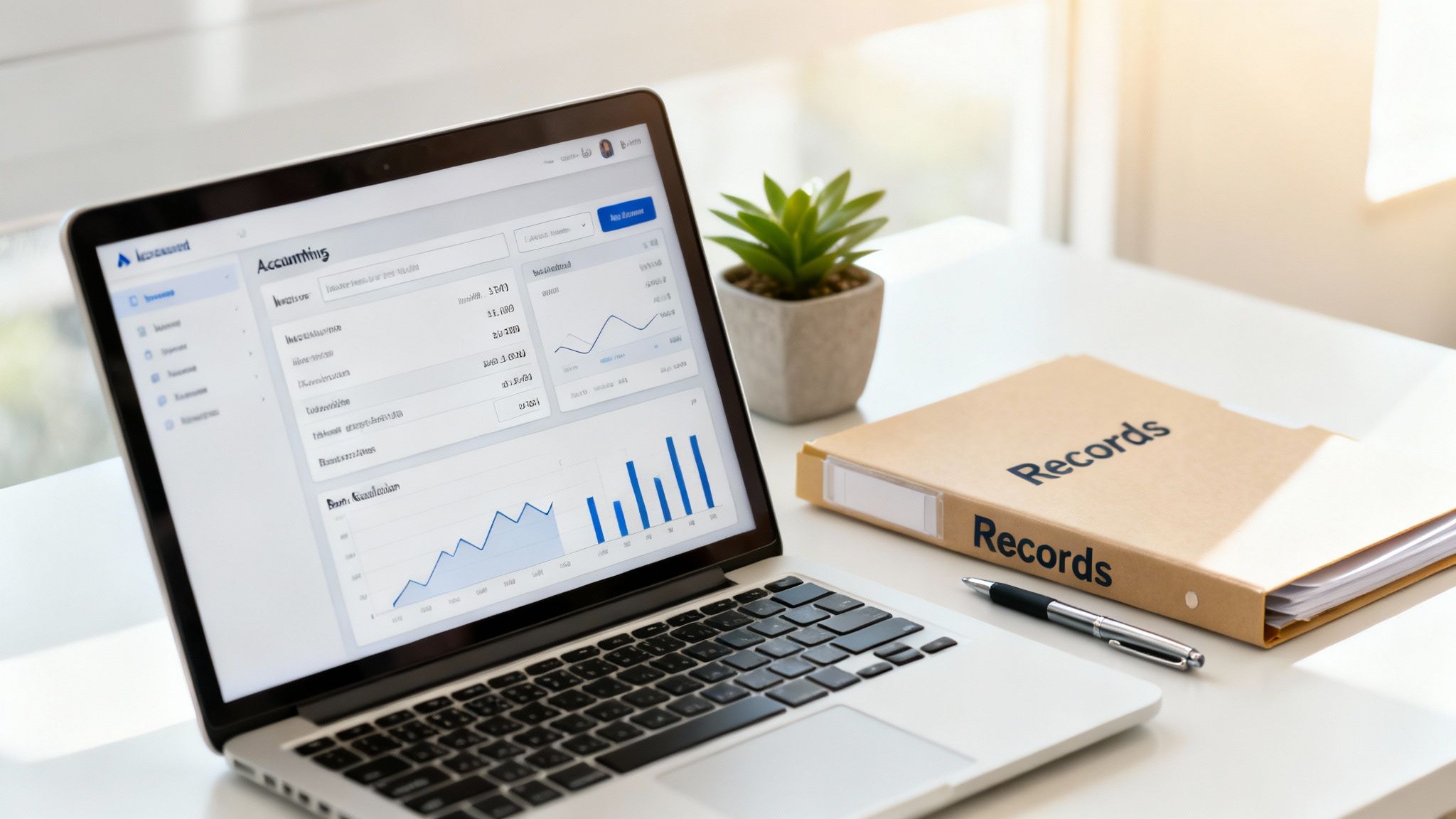 Laptop displaying accounting software dashboard with financial charts and a 'Records' folder on a desk.