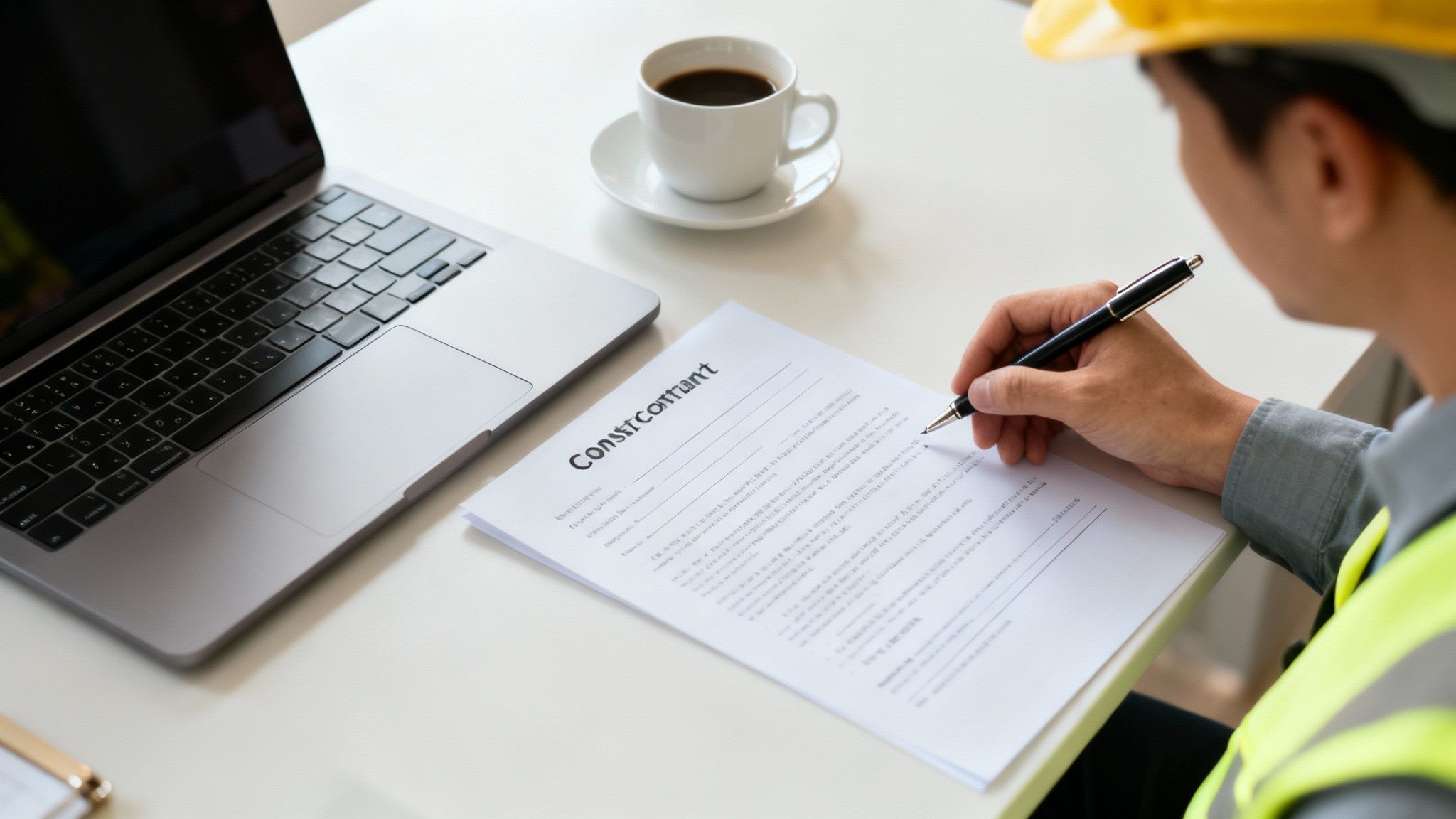 A person in a hard hat and safety vest signs a contract at a desk with a laptop and coffee.