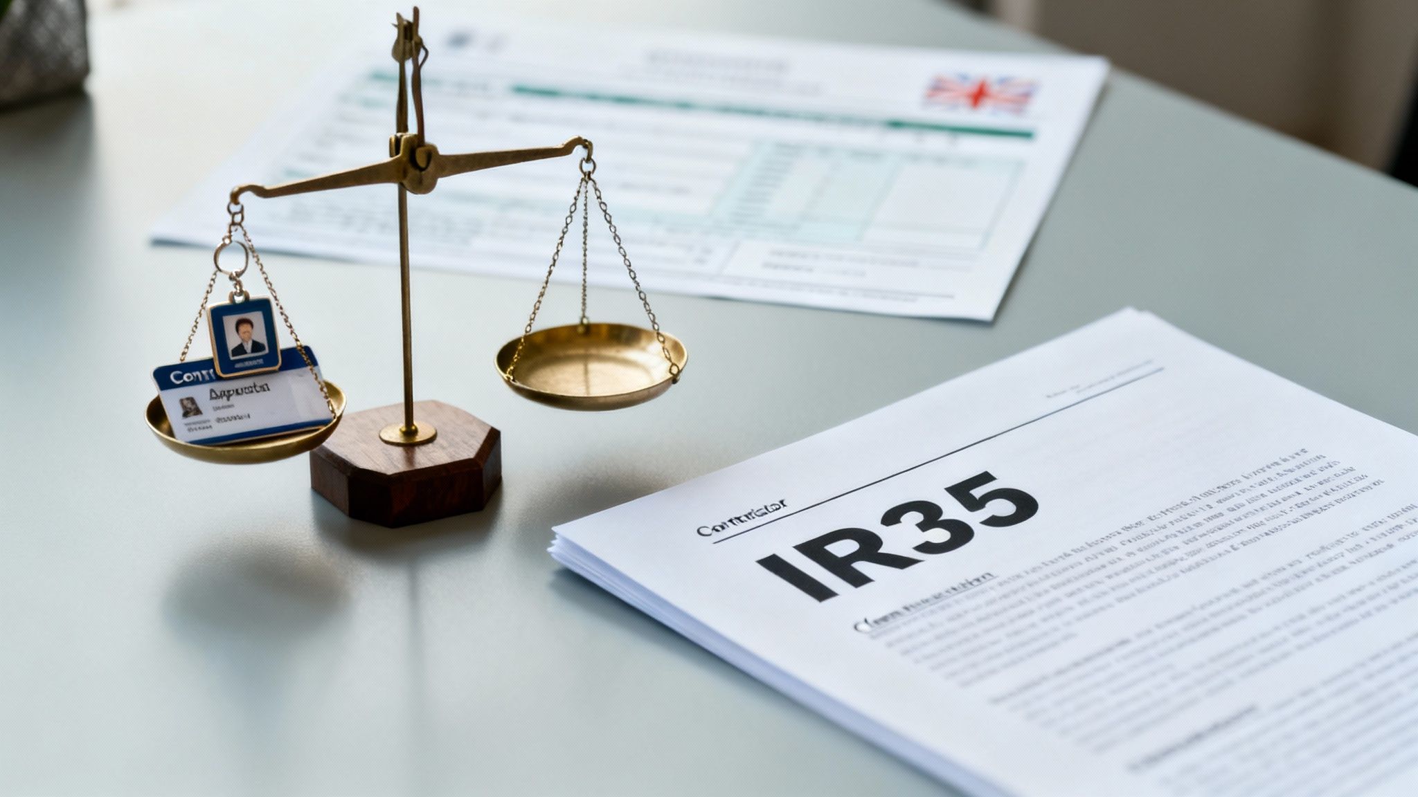 Scales balancing a contractor ID card against IR35 tax documents, symbolizing legal considerations.
