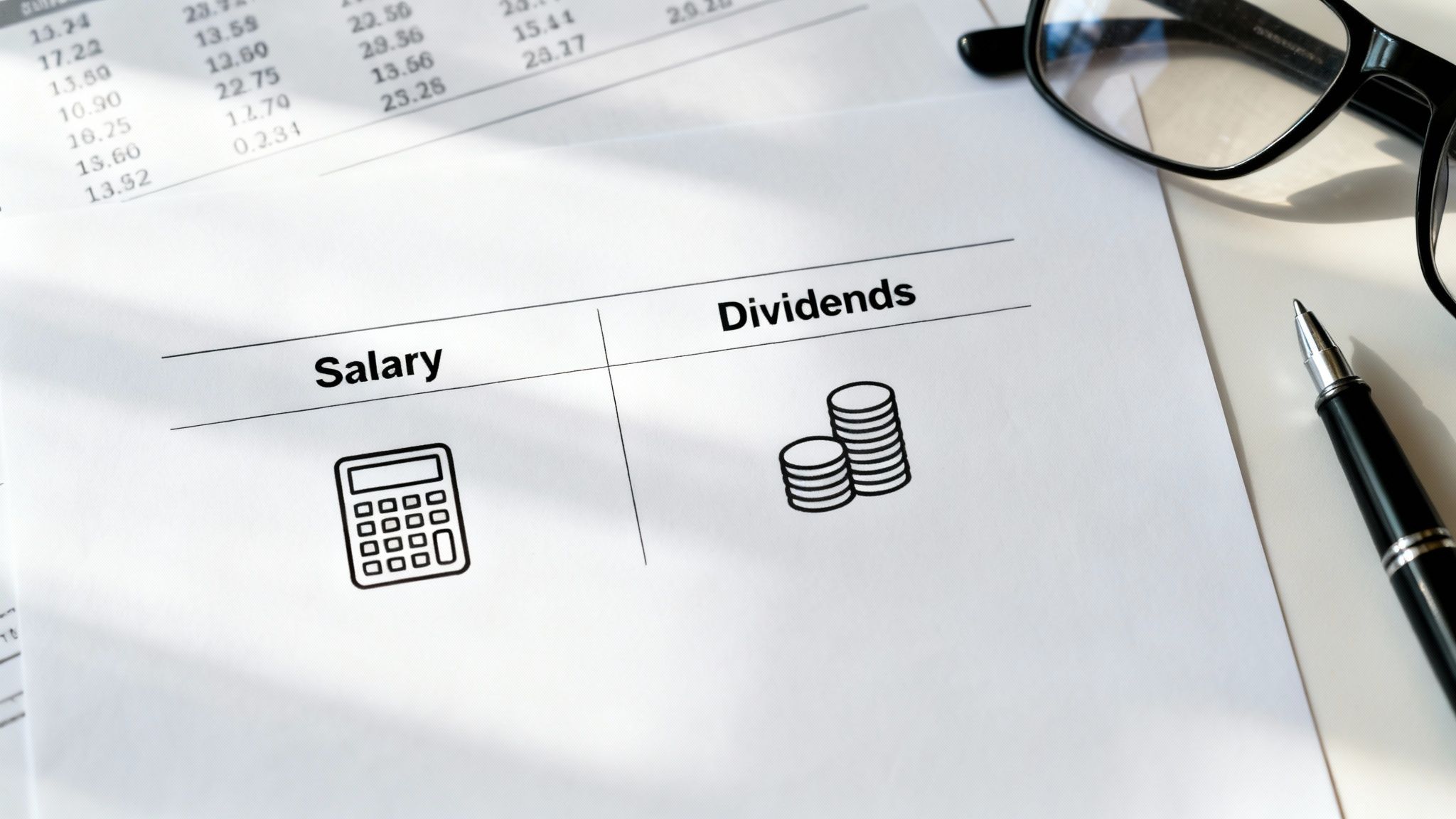A document comparing income types, showing 'Salary' with a calculator and 'Dividends' with stacked coins.