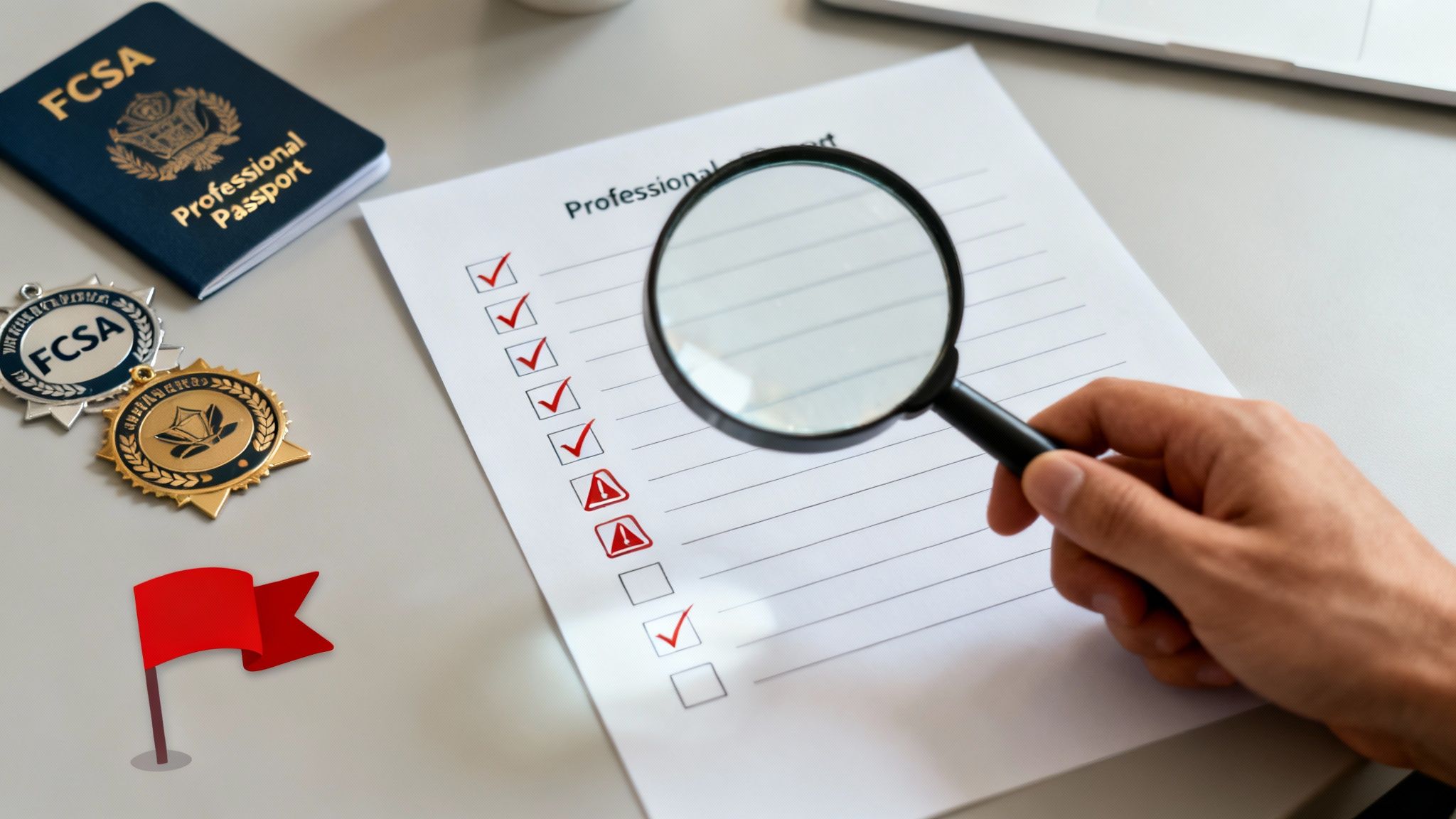A magnifying glass inspects a contract, representing due diligence and careful selection of a compliant umbrella company.