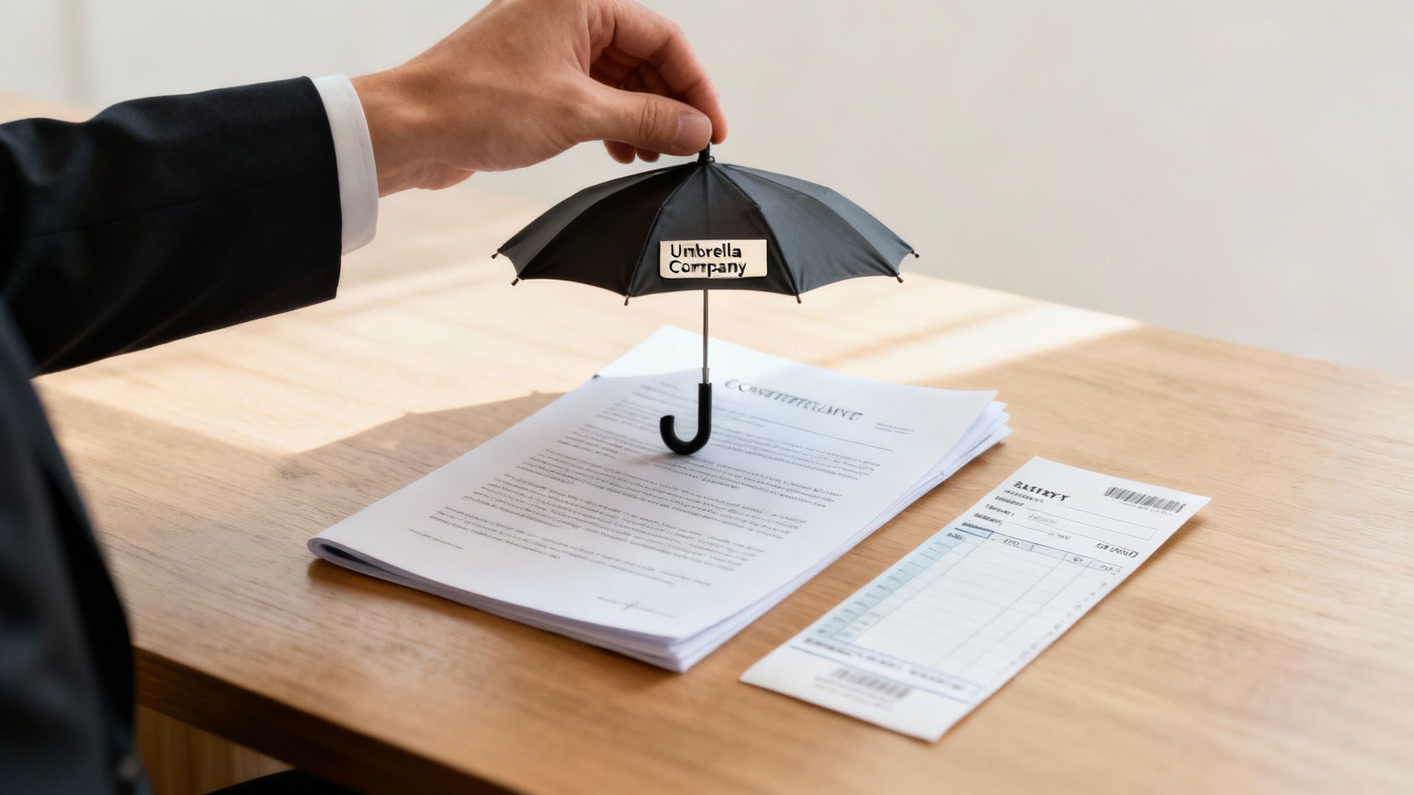 A person's hand holds a miniature umbrella labeled "Umbrella Company" over financial documents on a wooden desk.