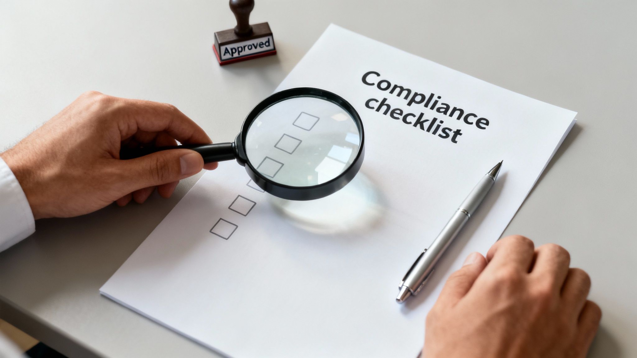 A person uses a magnifying glass to review a compliance checklist with 'Approved' stamp nearby.