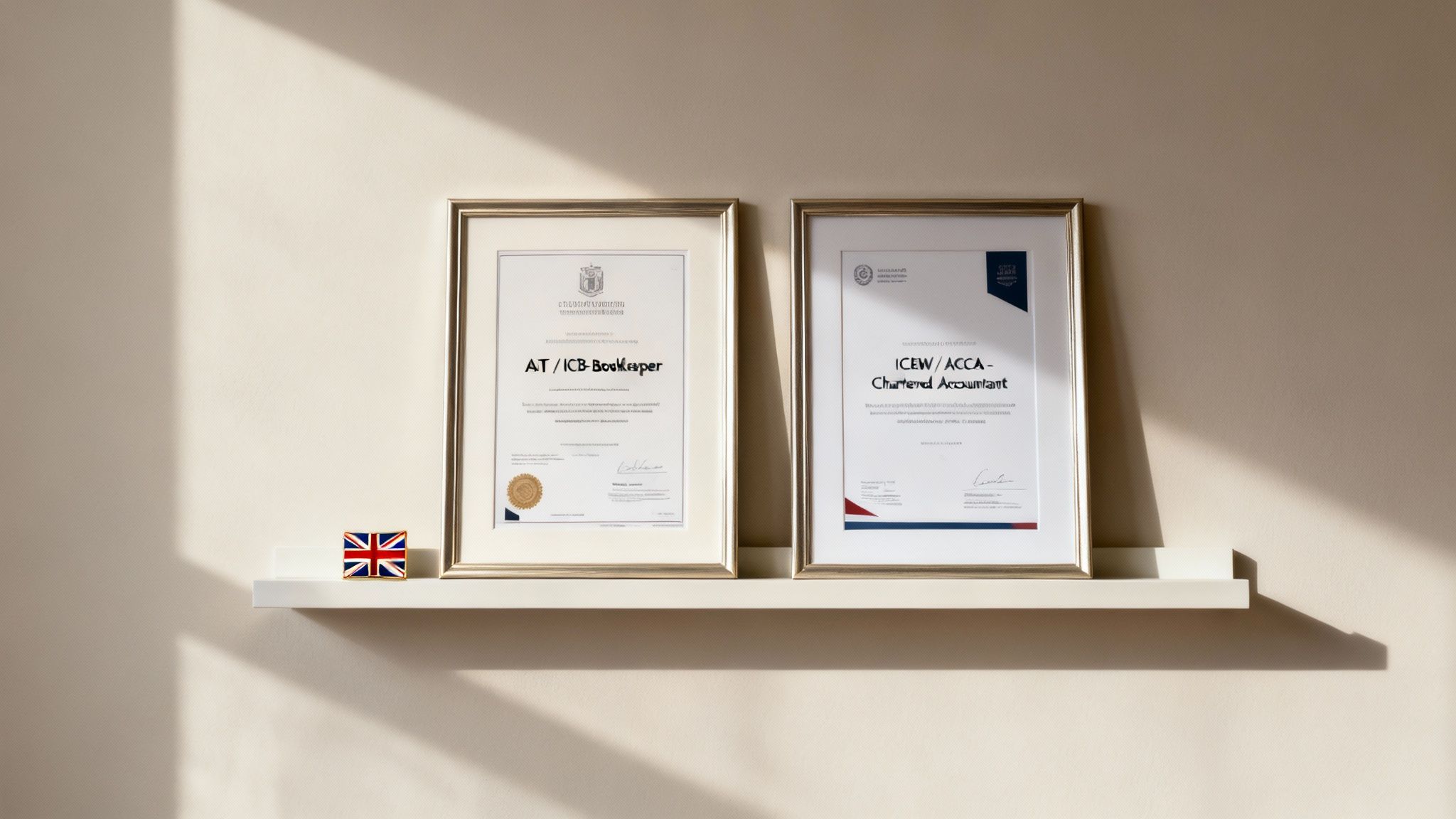 Two framed professional certificates for a Bookkeeper and a Chartered Accountant displayed on a shelf.