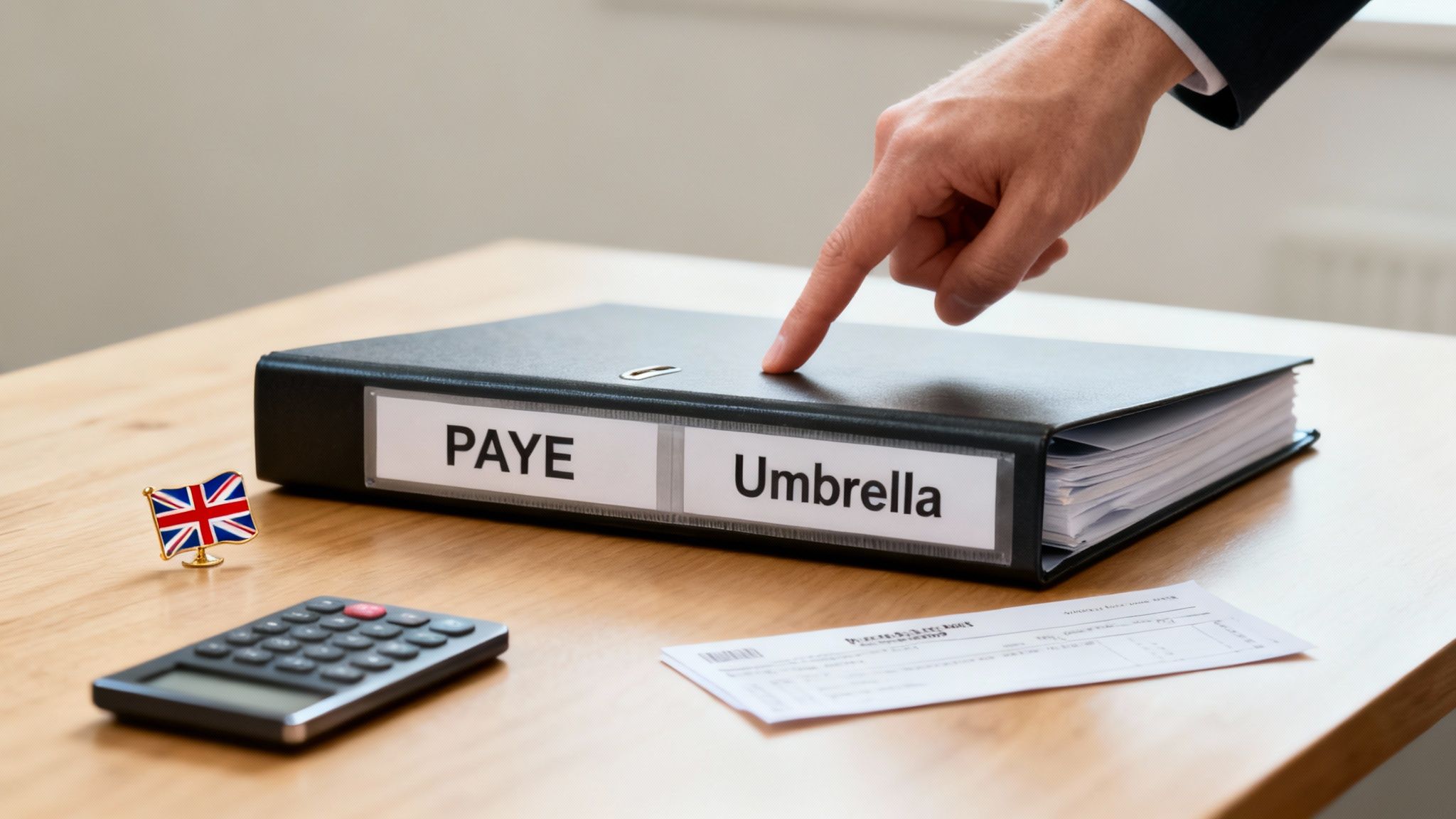 Business professional pointing at PAYE Umbrella binder with calculator and UK flag on desk