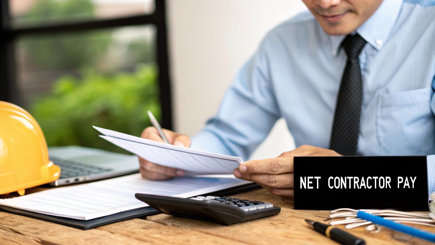 A professional contractor reviewing their financial documents and calculating their take-home pay on a laptop.