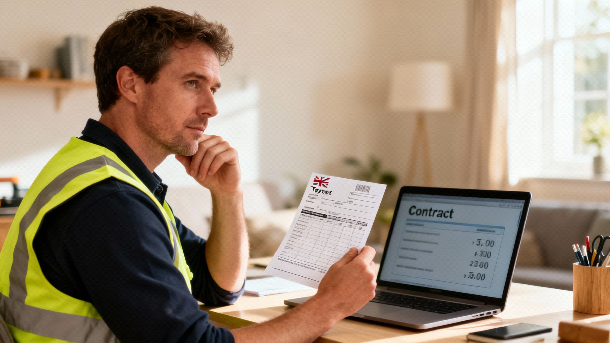 Thoughtful man in a high-visibility vest examines a UK payslip and laptop contract.