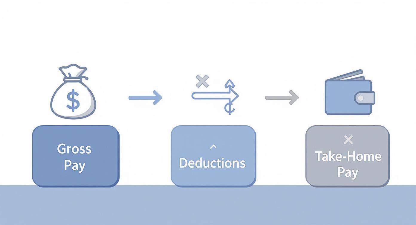 A diagram illustrating the process from gross pay (money bag) through deductions to take-home pay (wallet).