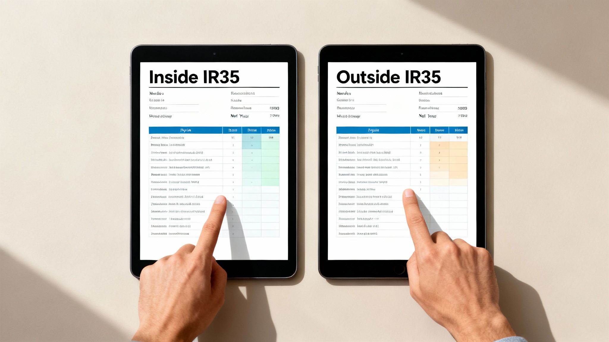 Two tablets displaying Inside IR35 and Outside IR35 payroll comparison tables with hands pointing at screens