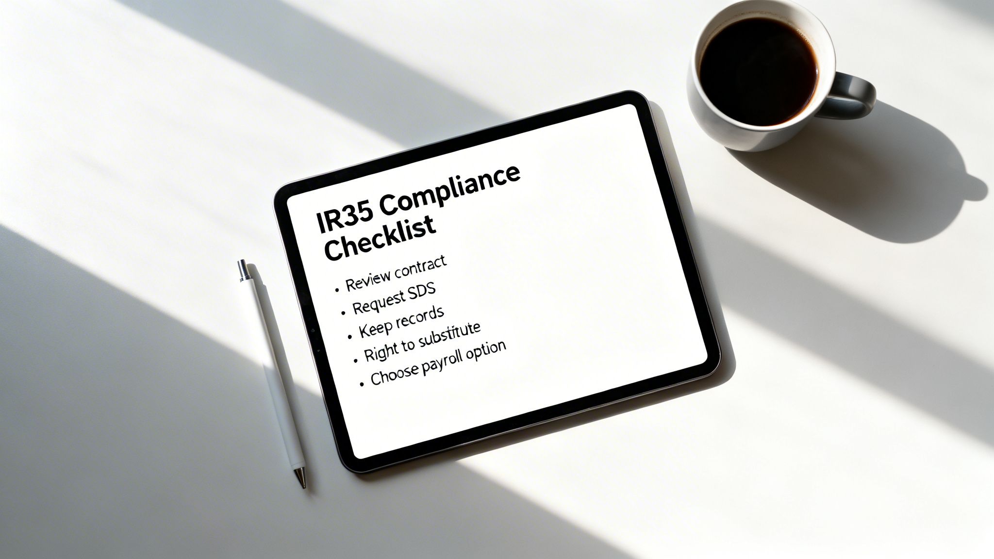 A tablet displays an IR35 Compliance Checklist with a pen and coffee cup on a desk.