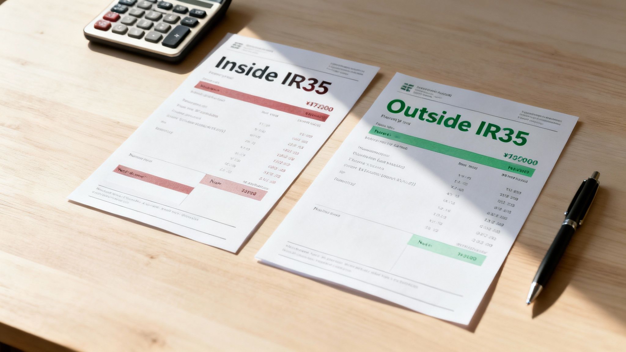 Two IR35 tax documents, a calculator, and a pen on a wooden desk, showing financial figures.