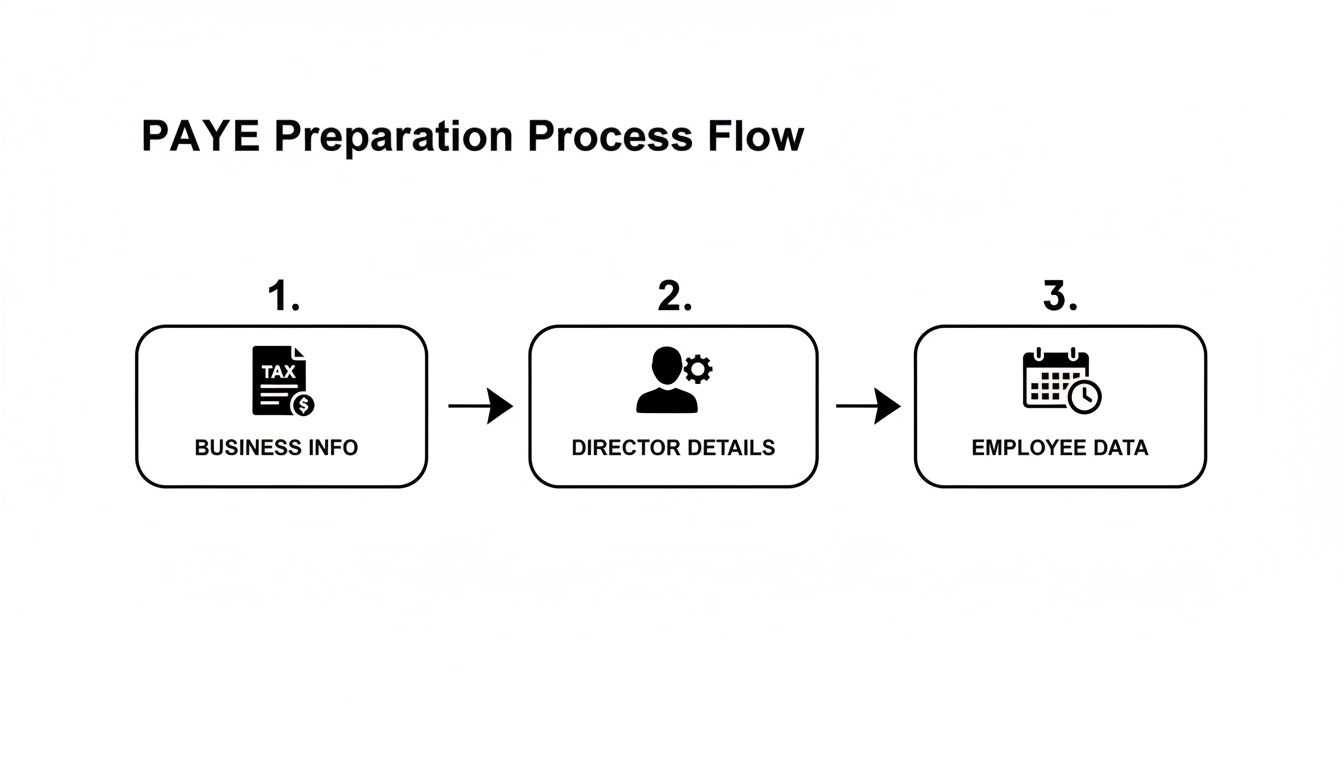 A PAYE preparation process flow chart showing three steps: business info, director details, and employee data.