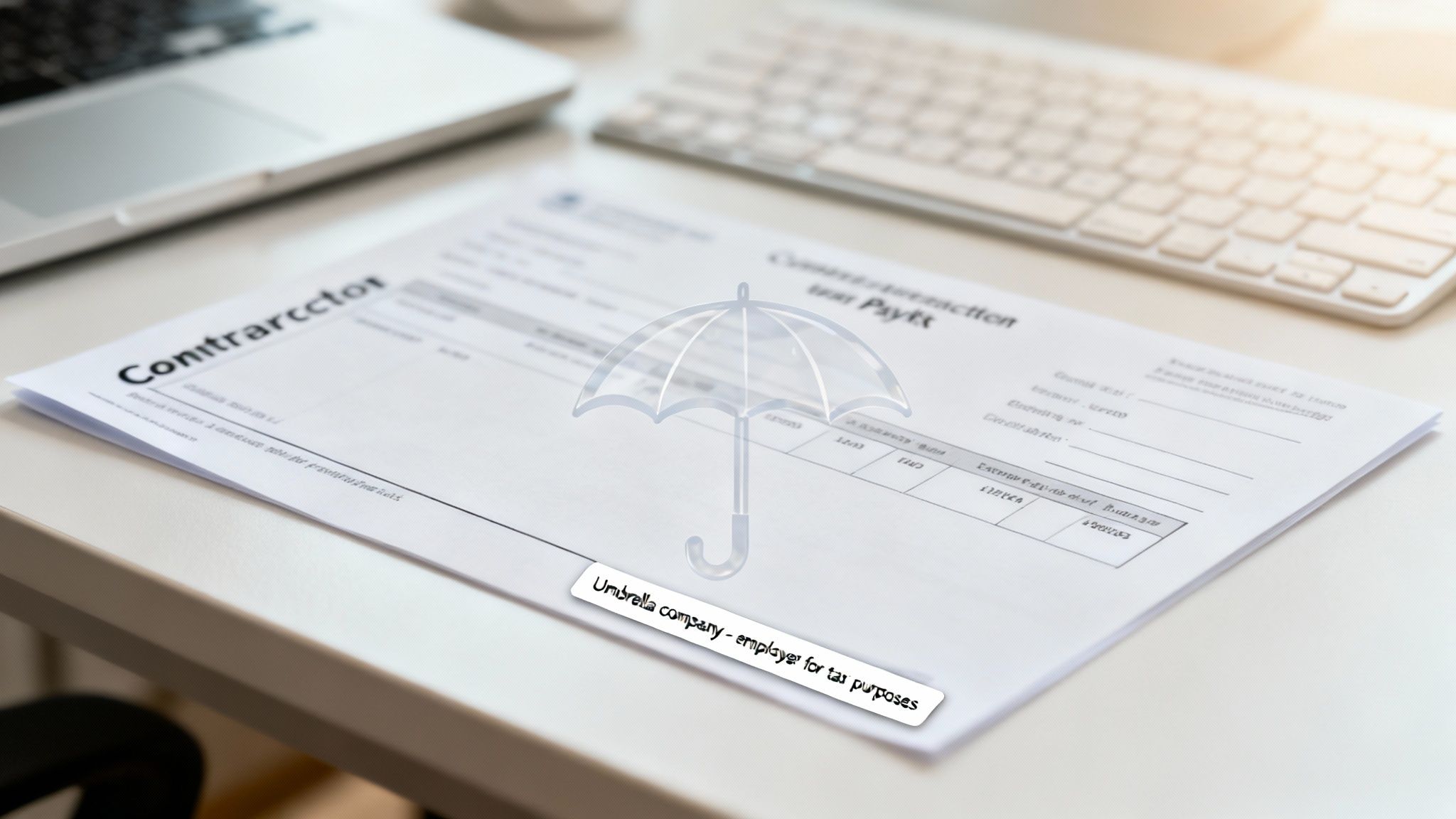 A document titled 'Contraracctor' on a desk with an umbrella icon and 'Umbrella company' text.