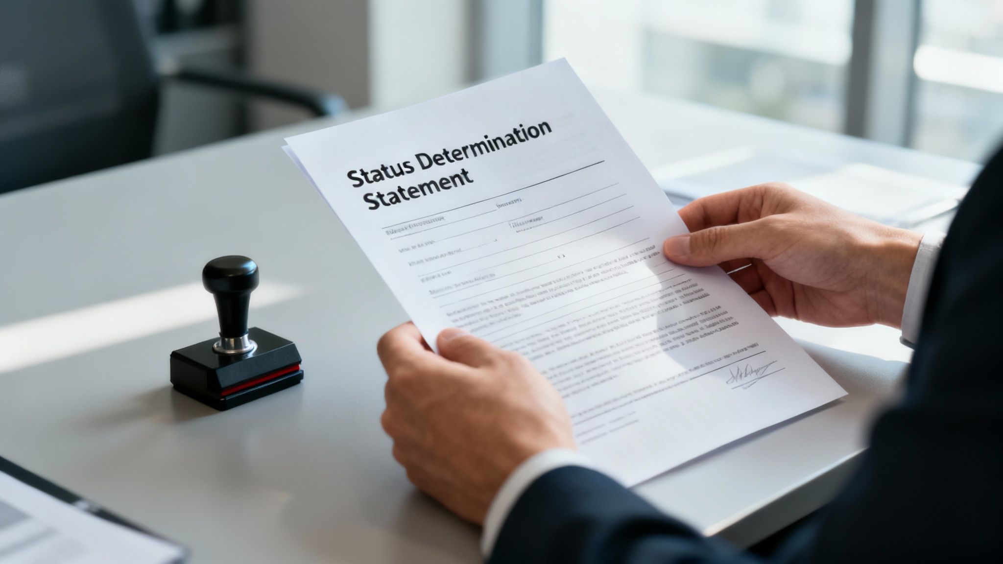 A person sitting at a desk and reviewing official-looking documents, representing the Status Determination Statement and IR35 compliance.
