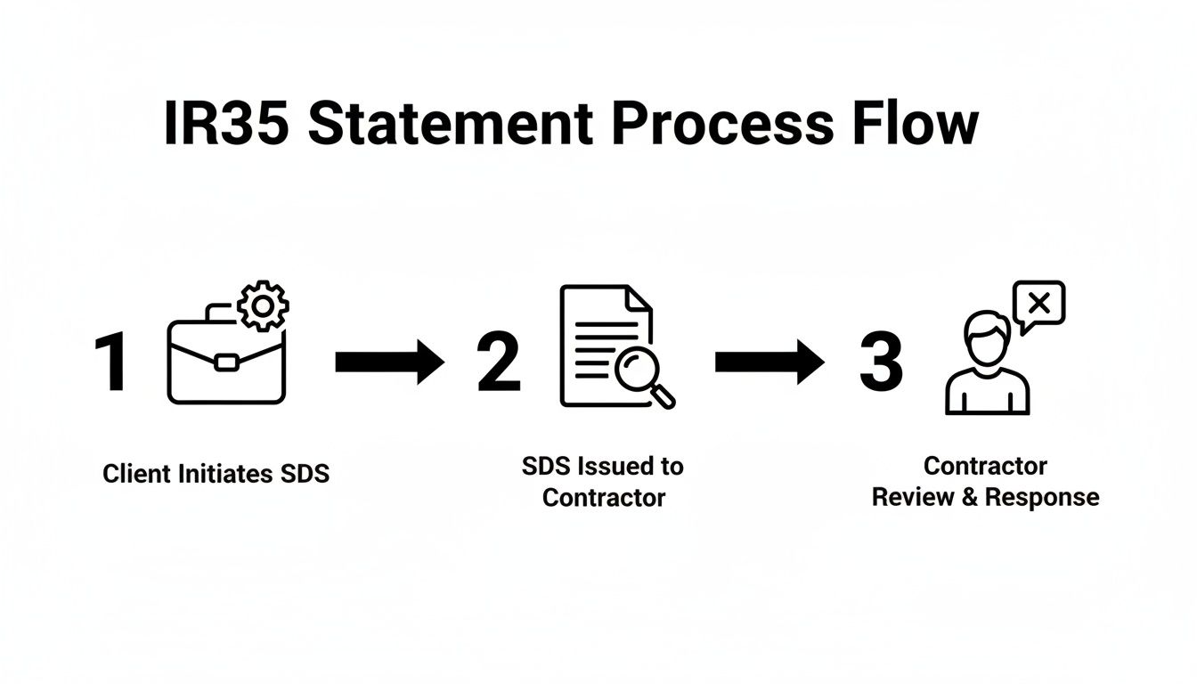 IR35 Statement Process Flow diagram illustrating three key steps: SDS initiation by client, issuance, and contractor response.