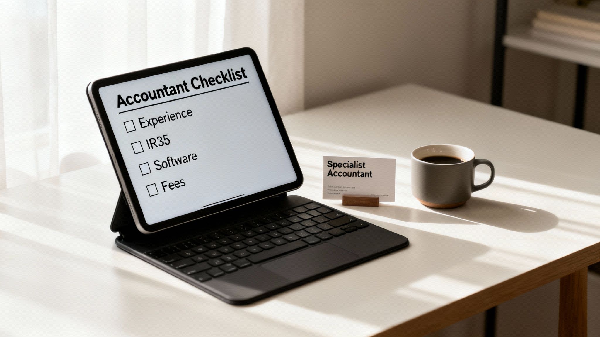 A tablet displays an 'Accountant Checklist' next to a 'Specialist Accountant' business card and coffee.