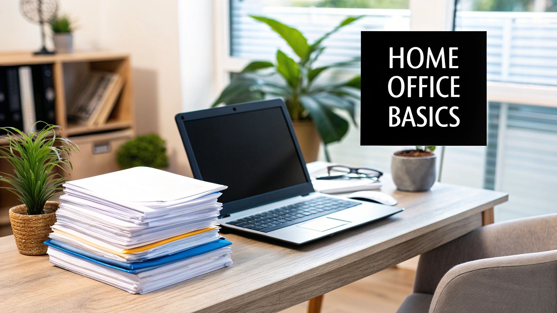 An organised home office desk with a laptop, notebooks, and a cup of coffee.