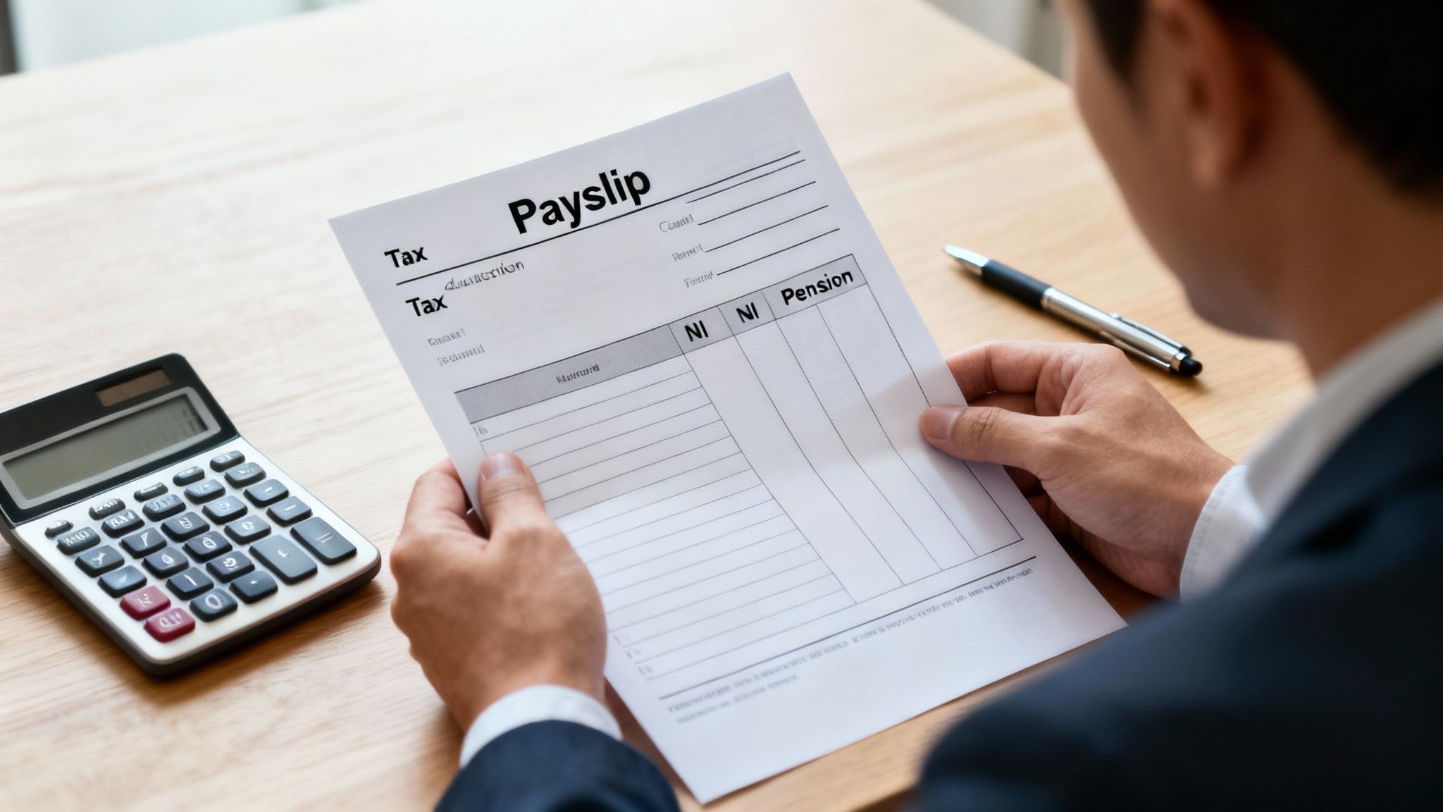 A person reviews a payslip with a calculator on a wooden desk, analyzing tax and pension details.