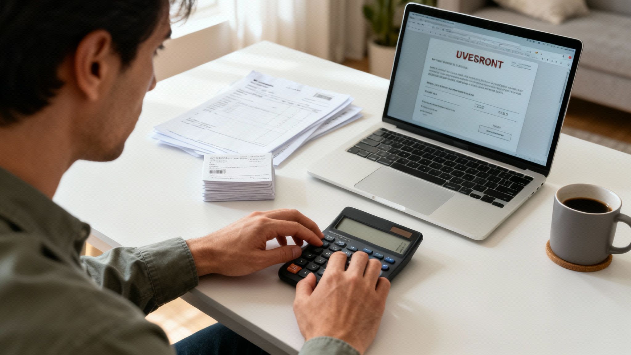 Man calculating expenses with a calculator, laptop, and paper documents on a white desk.