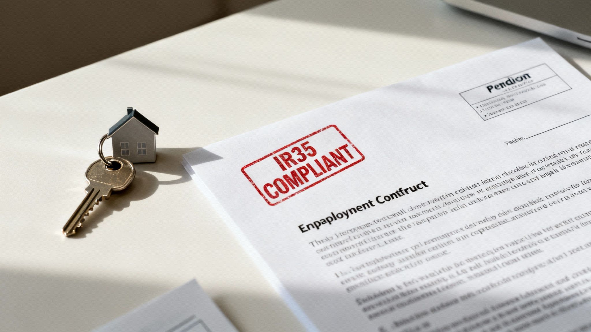 IR35 compliant employment contract document with house keys on white desk surface