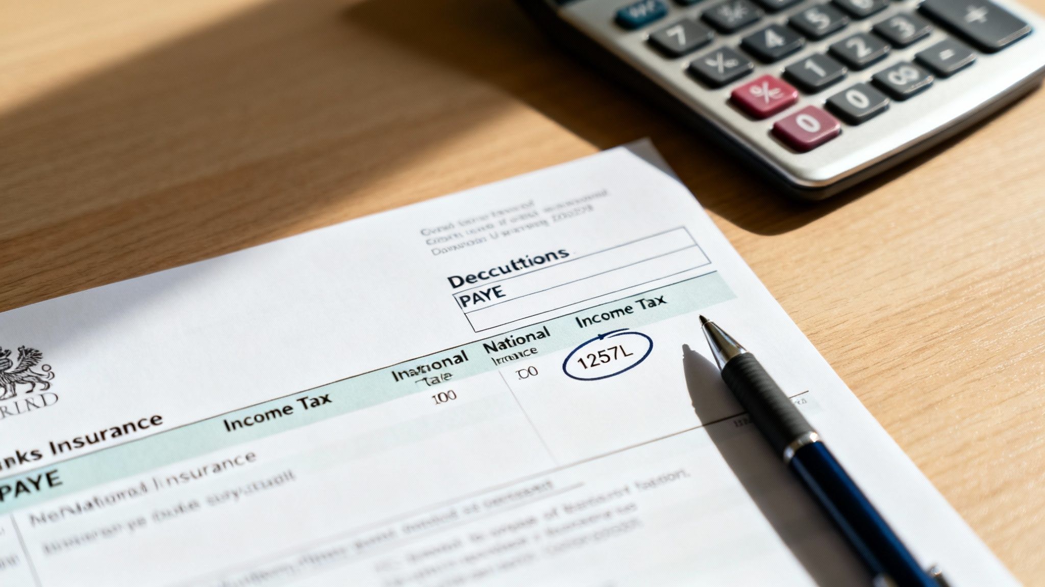 A close-up of a UK payslip with a pen and calculator, showing the circled Income Tax figure '1257L'.